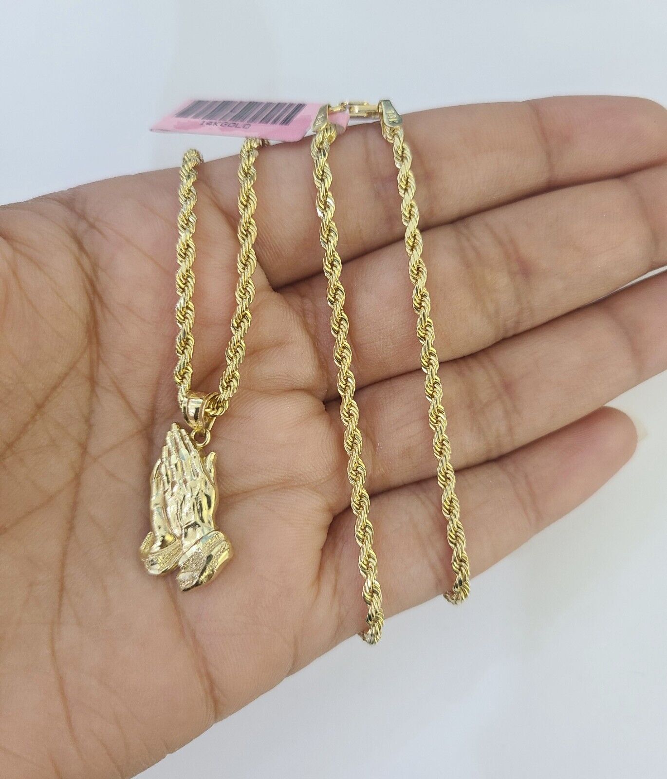 14k Rope Chain Praying Hands Charm Pendant Gold 2mm 18" - 24inch SET Necklace - GoldenlinQ