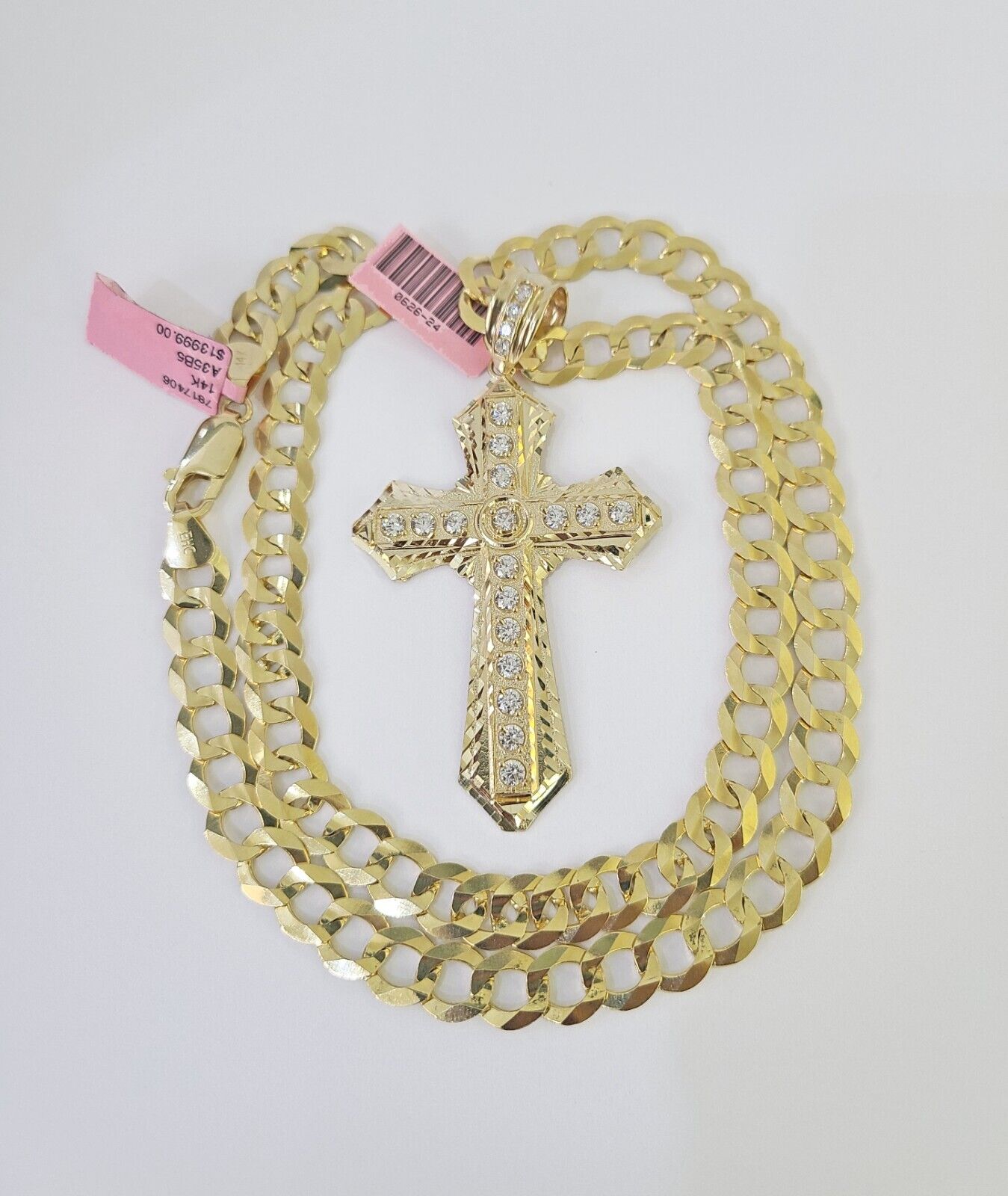14k Solid Cuban Curb Link Chain Jesus Cross Charm Pendant 8mm 22inch YellowGold - GoldenlinQ