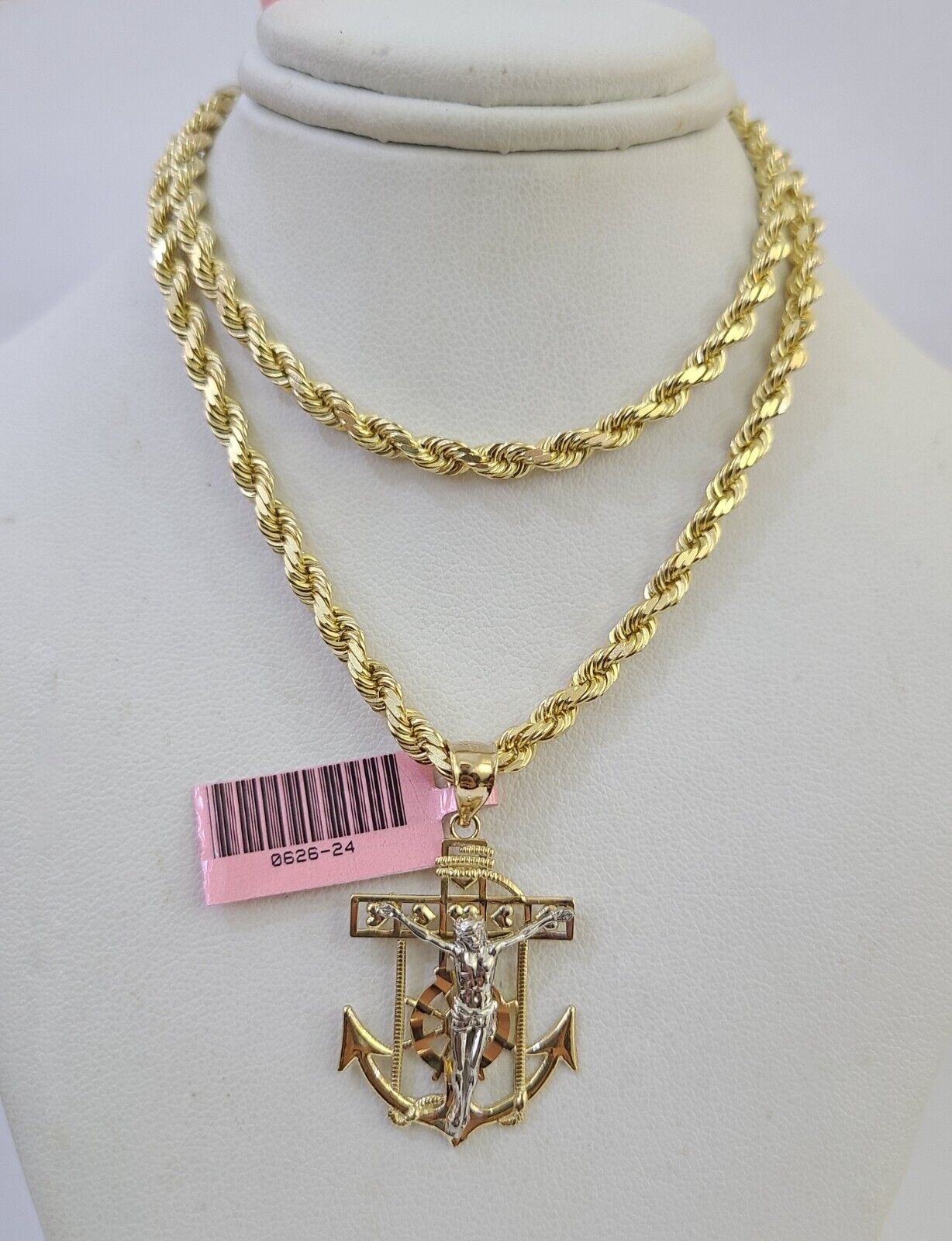 14k Solid Rope Chain Jesus Anchor Charm Set 4mm 18 - 28" Inch Necklace Yellow Gold - GoldenlinQ