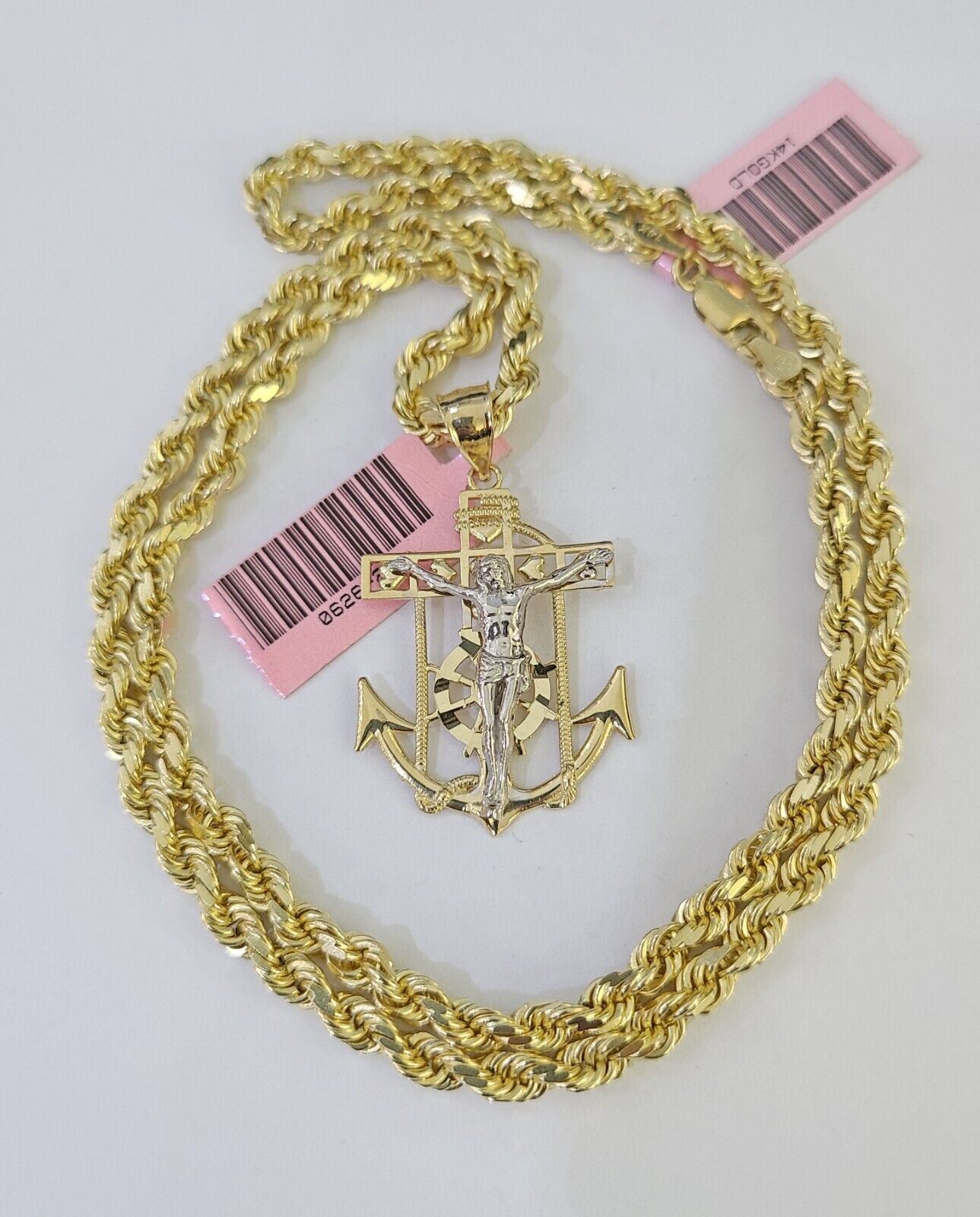 14k Solid Rope Chain Jesus Anchor Charm Set 4mm 18 - 28" Inch Necklace Yellow Gold - GoldenlinQ