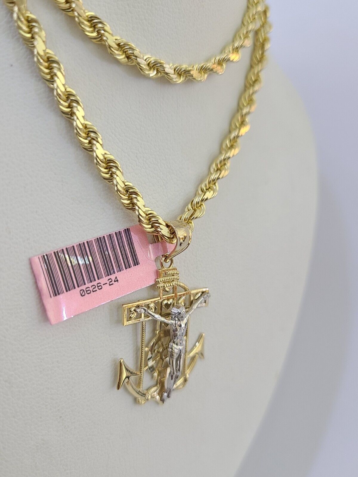 14k Solid Rope Chain Jesus Anchor Charm Set 4mm 18 - 28" Inch Necklace Yellow Gold - GoldenlinQ
