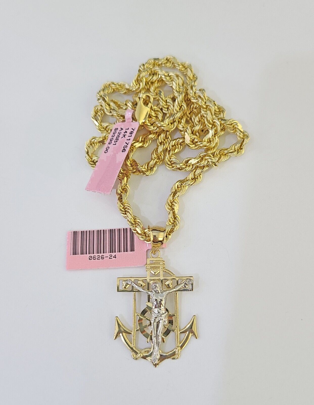 14k Solid Rope Chain Jesus Anchor Charm Set 4mm 18 - 28" Inch Necklace Yellow Gold - GoldenlinQ