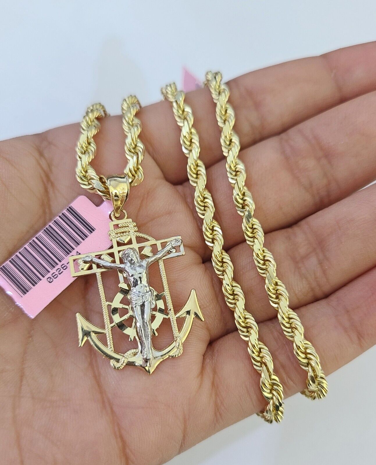 14k Solid Rope Chain Jesus Anchor Charm Set 4mm 18 - 28" Inch Necklace Yellow Gold - GoldenlinQ