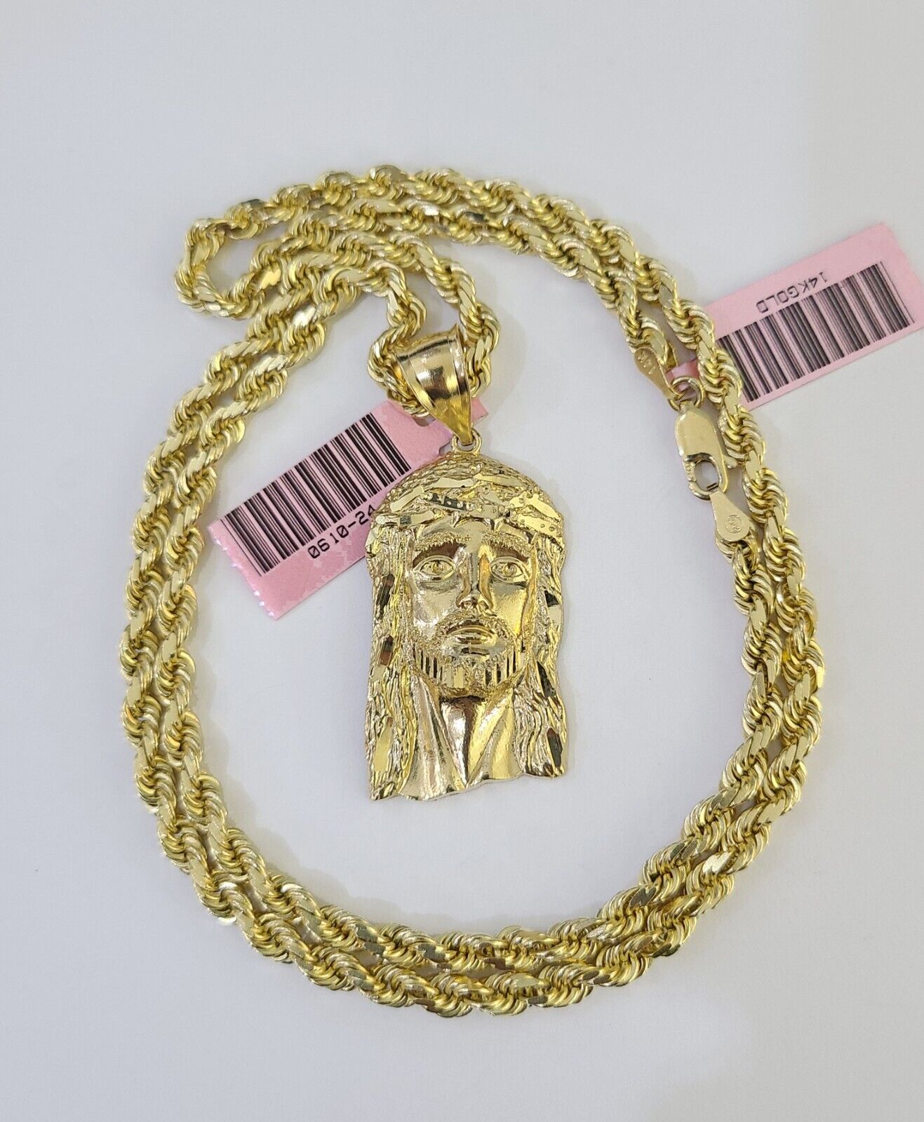 14k Solid Rope Chain Jesus Head Charm Set 4mm 18" - 28" Inch Necklace Yellow Gold - GoldenlinQ