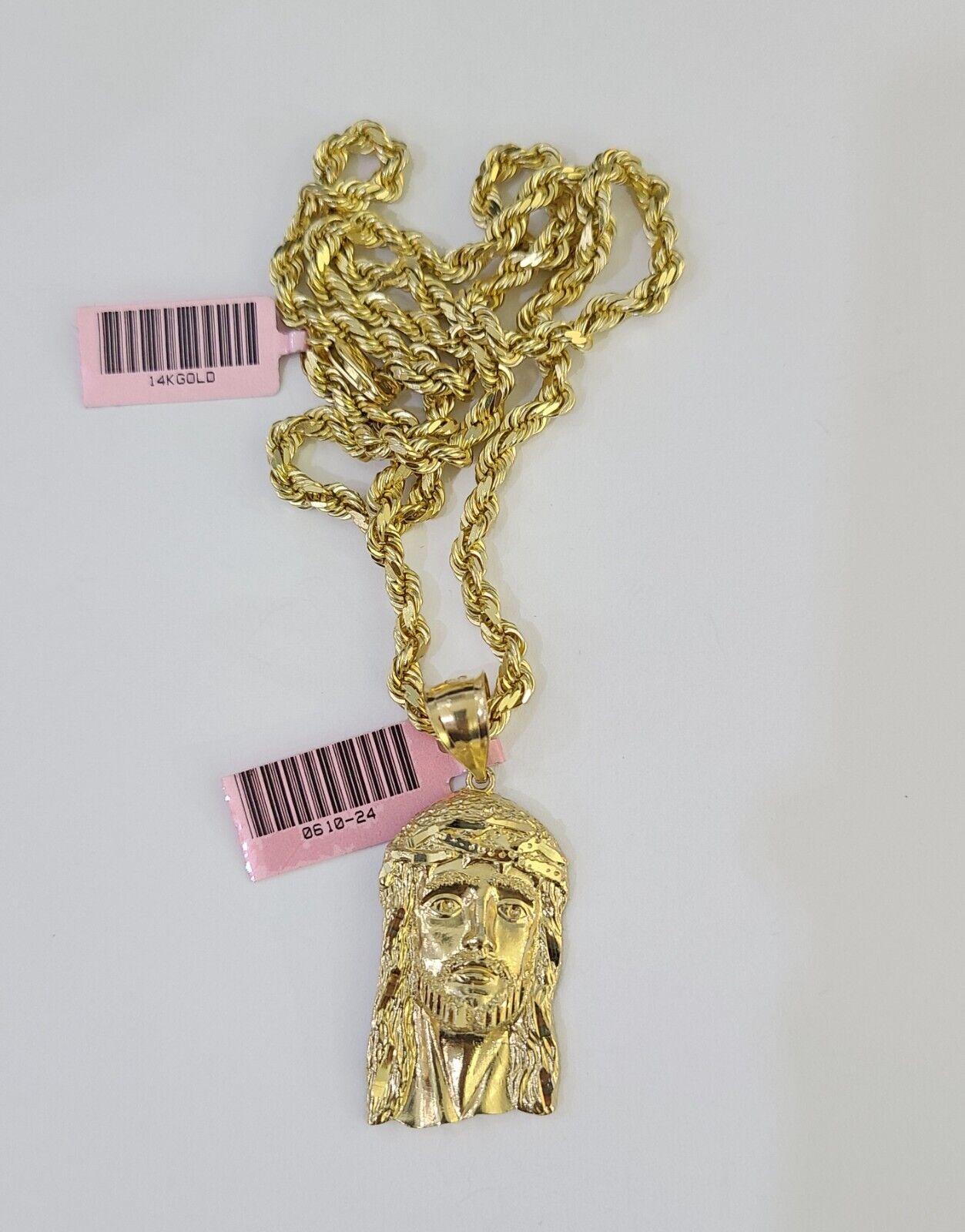 14k Solid Rope Chain Jesus Head Charm Set 4mm 18" - 28" Inch Necklace Yellow Gold - GoldenlinQ