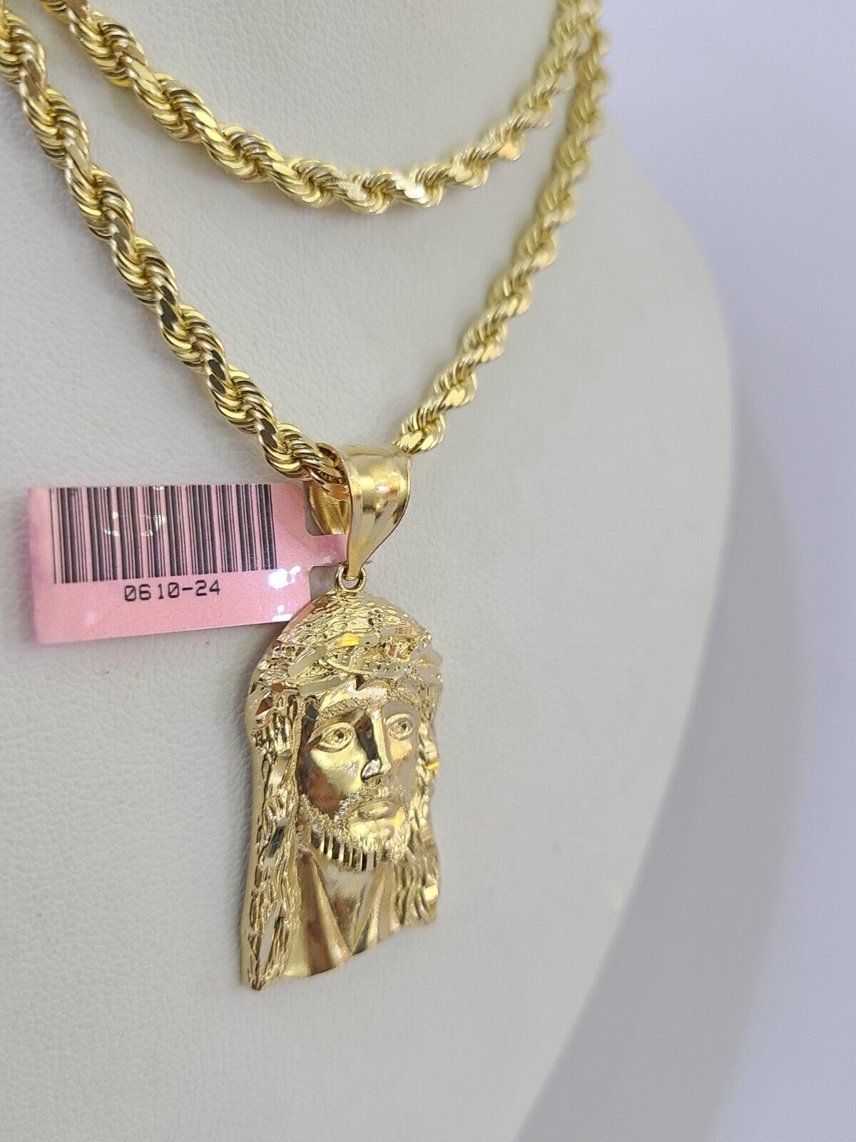 14k Solid Rope Chain Jesus Head Charm Set 4mm 18" - 28" Inch Necklace Yellow Gold - GoldenlinQ