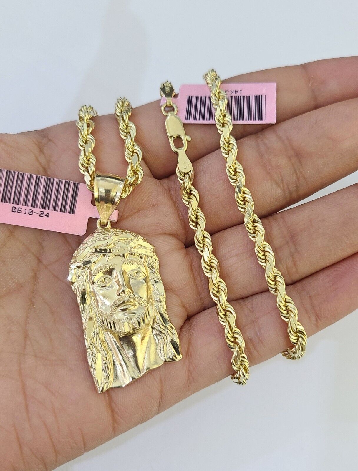 14k Solid Rope Chain Jesus Head Charm Set 4mm 18" - 28" Inch Necklace Yellow Gold - GoldenlinQ