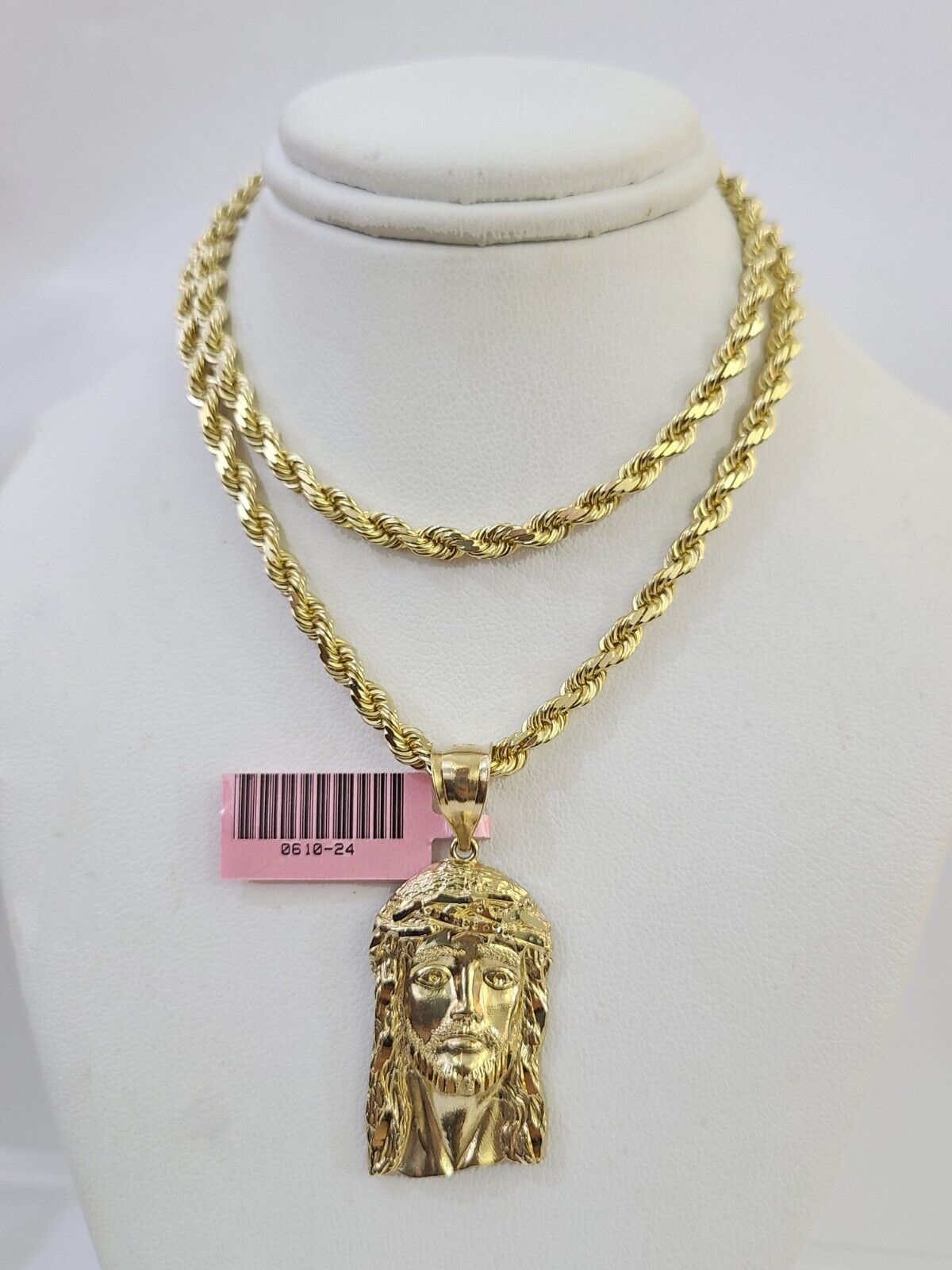 14k Solid Rope Chain Jesus Head Charm Set 4mm 18" - 28" Inch Necklace Yellow Gold - GoldenlinQ