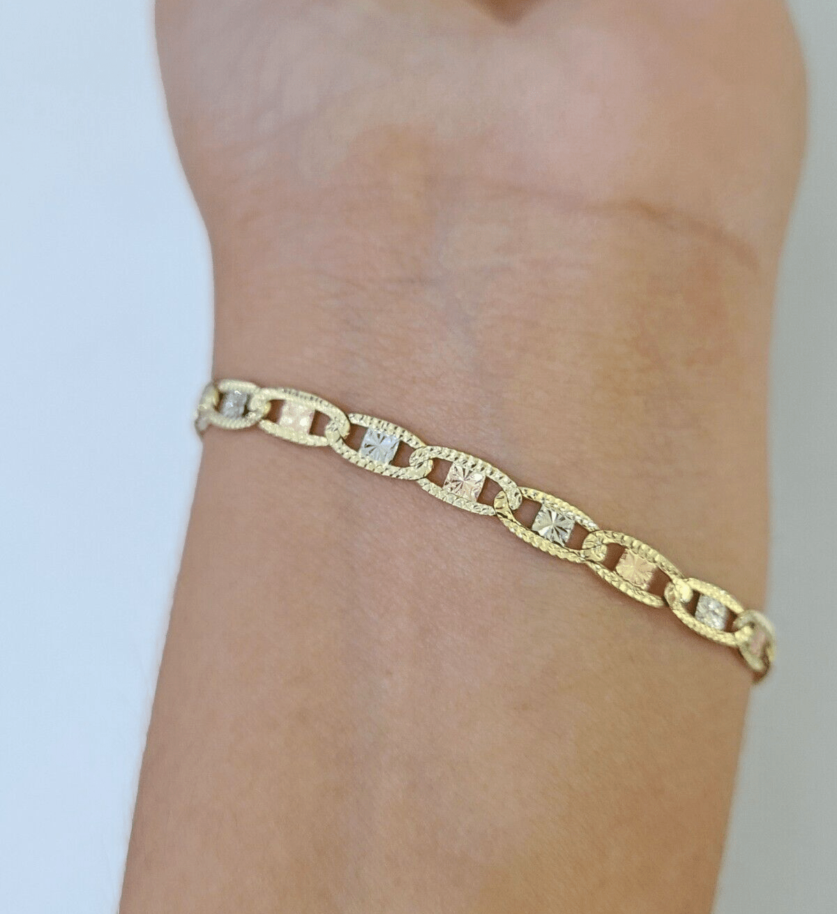 14k valentino Trio Gold Women's Link Bracelet 7.5" inches 4mm Diamond Cuts - GoldenlinQ