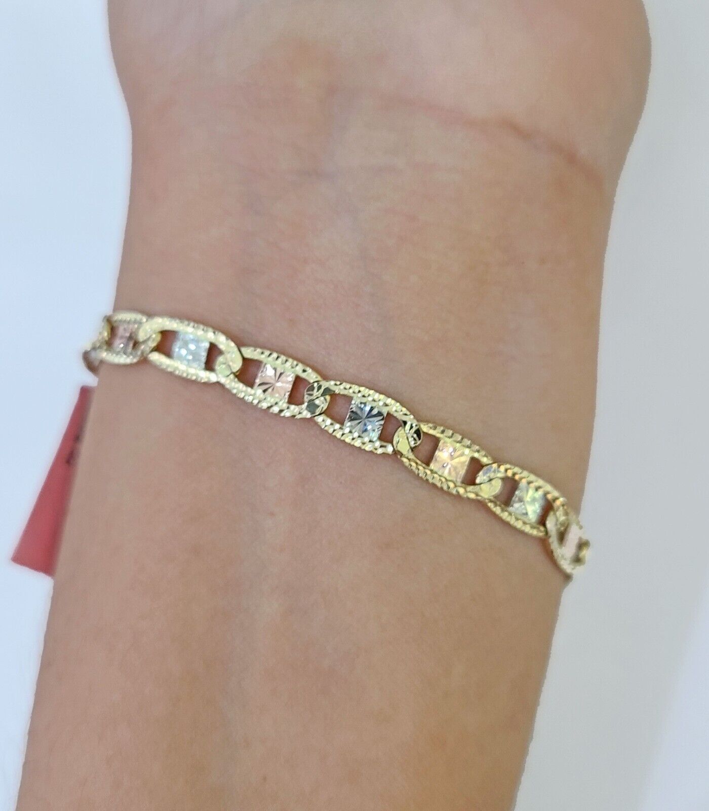 14k valentino Trio Gold Women's Link Bracelet 8" inches 5mm Diamond Cuts - GoldenlinQ