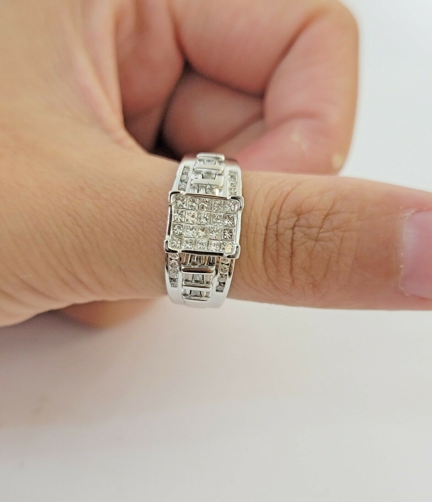 14k white Gold 1CT Diamond Ladies Ring Princess Cut Baguette Round Diamond,Women - GoldenlinQ
