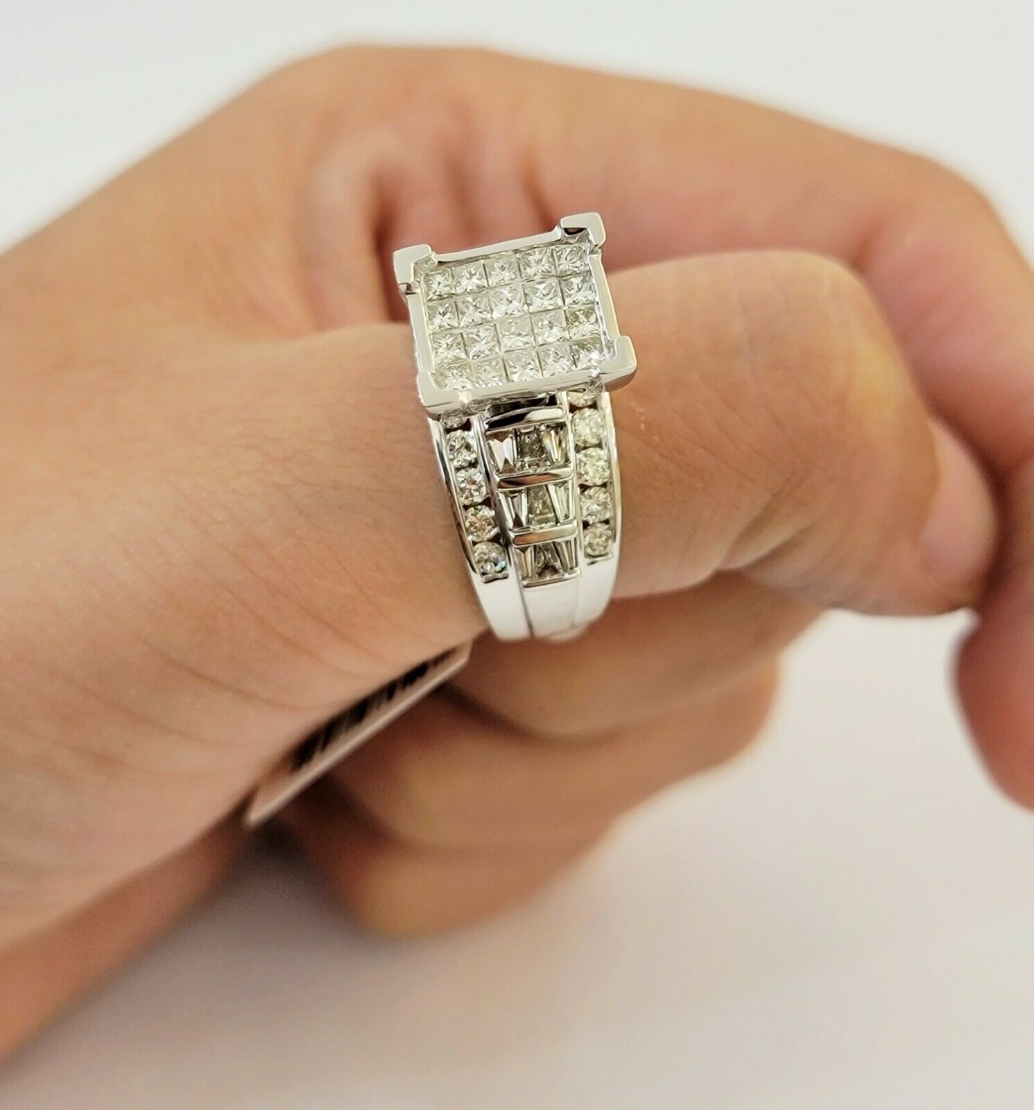 14k white Gold Ladies Ring 2 CT Diamond Princess Cut, Baguette, Round, REAL 14kt - GoldenLinQ