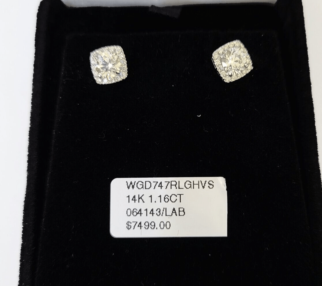 14k White gold Square Earrings Diamond screw - back Lab Created Women Men Studs - GoldenlinQ