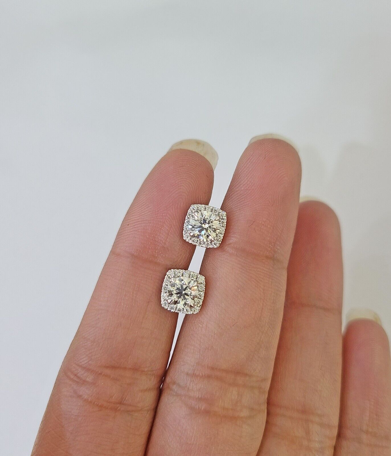 14k White gold Square Earrings Diamond screw - back Lab Created Women Men Studs - GoldenlinQ