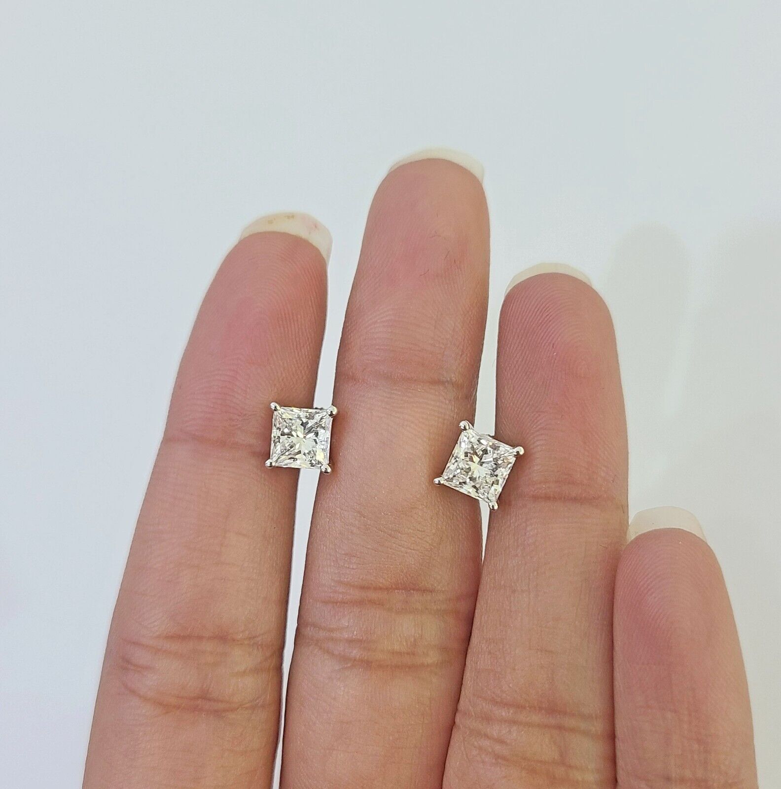 14k White gold Square Earrings Diamond screw - back Lab Created Women Men Studs - GoldenlinQ