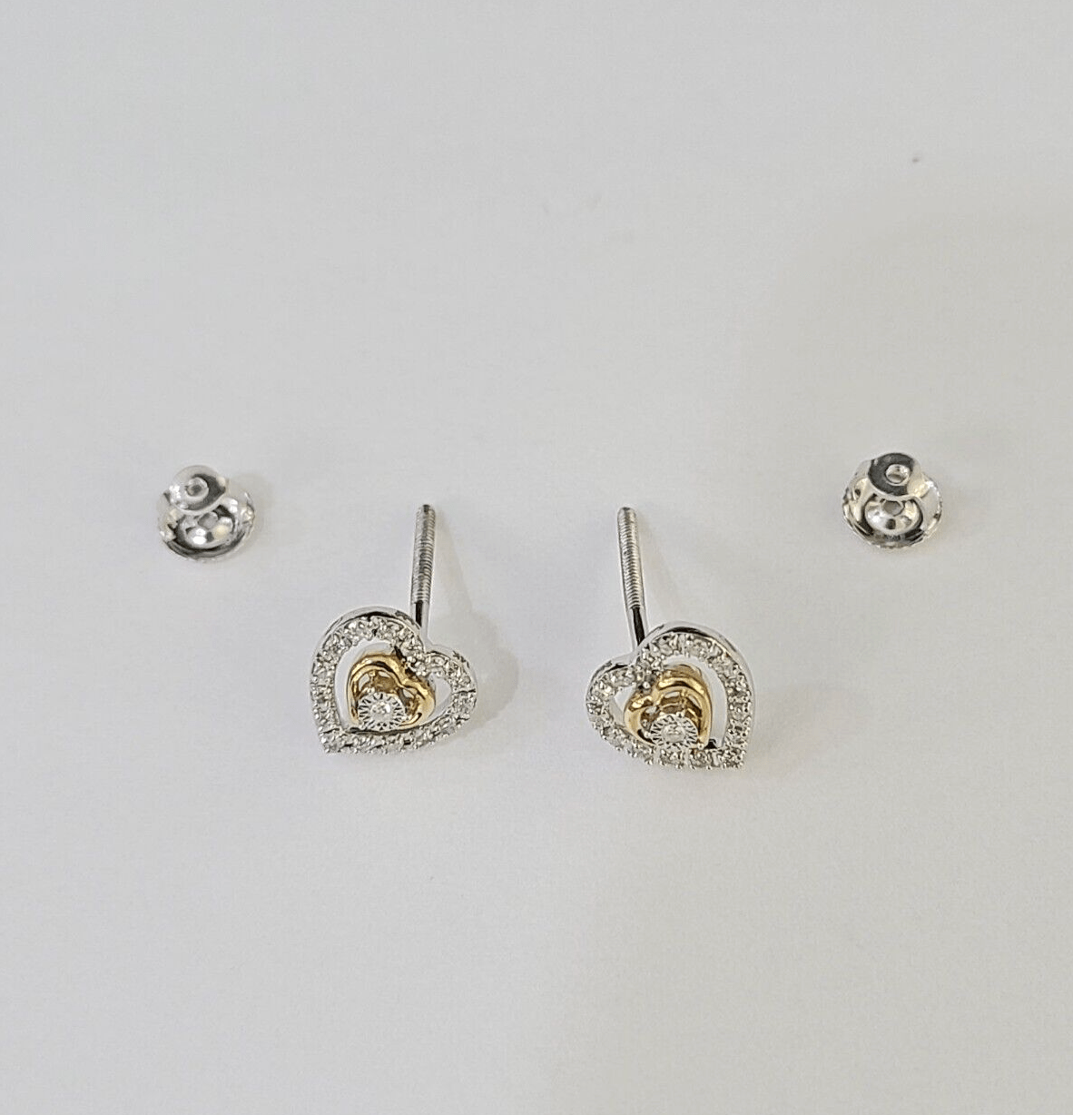 14k White Yellow Gold Heart Earrings Diamond screw - back Women Men Studs Natural - GoldenlinQ