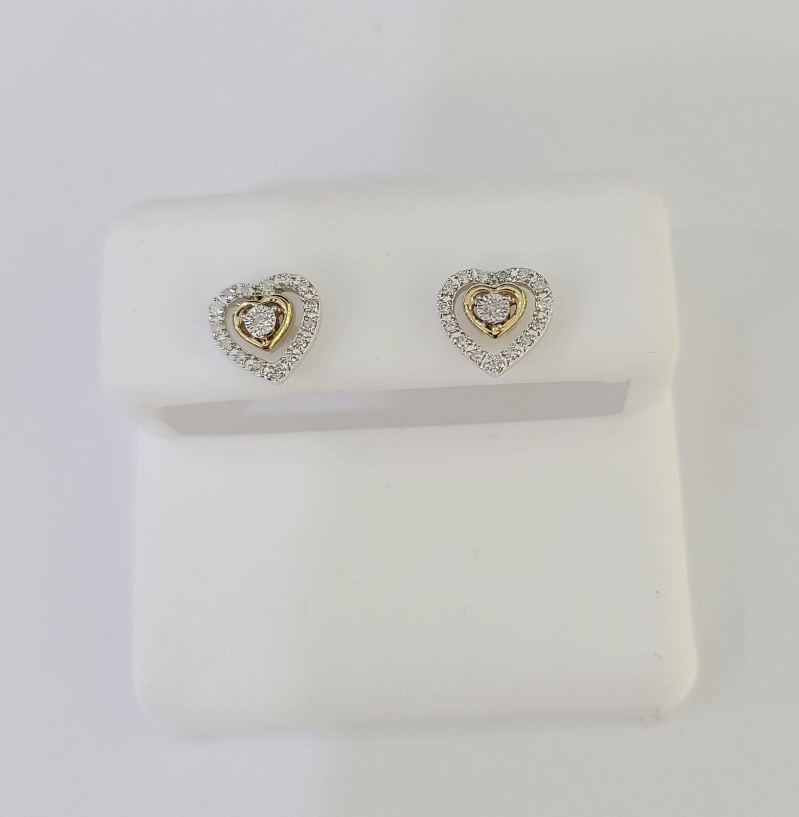 14k White Yellow Gold Heart Earrings Diamond screw - back Women Men Studs Natural - GoldenlinQ