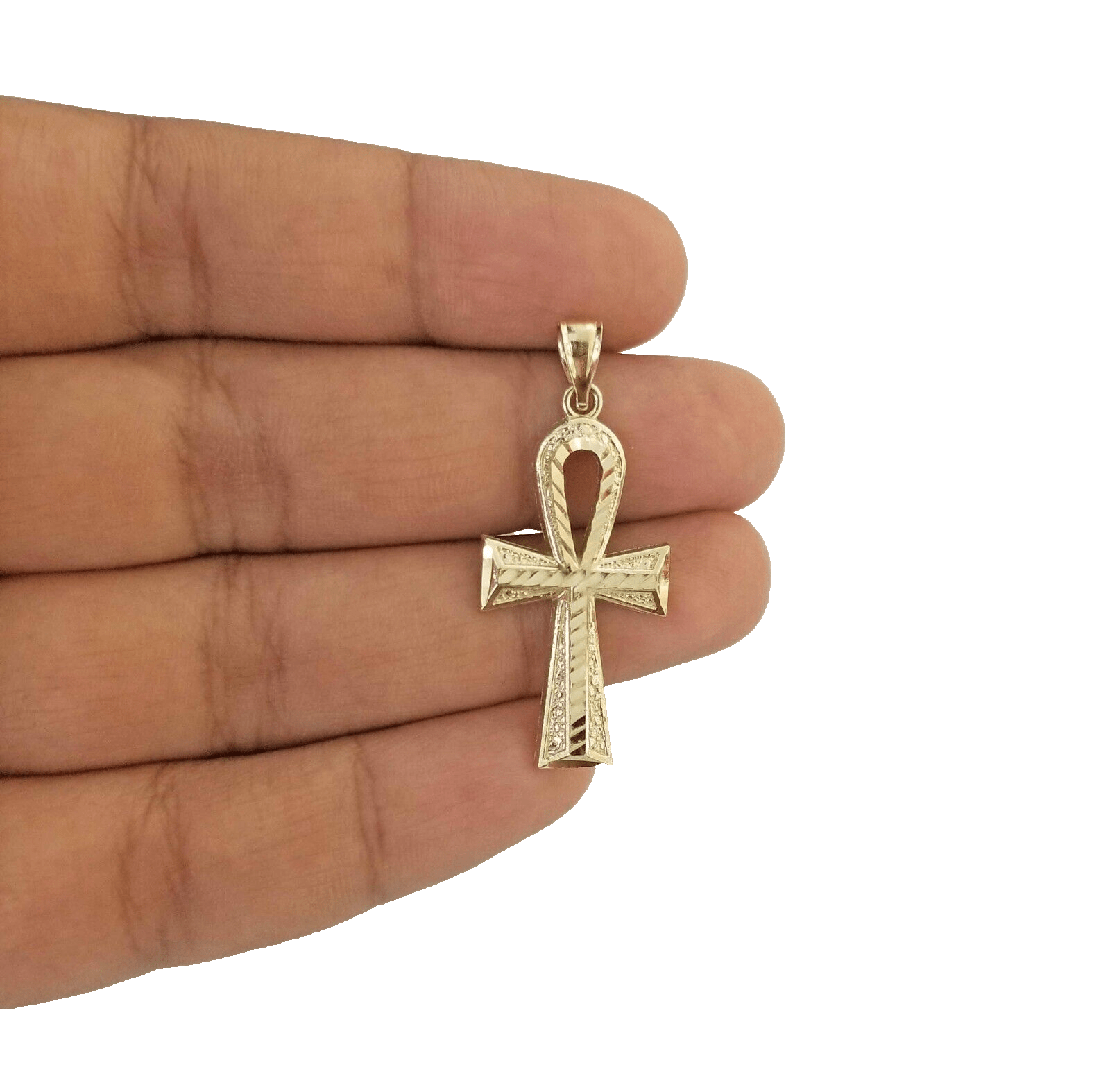 14k Yellow Gold Ankh Cross Charm Pendant 1.5'' Diamond Cut Chain Real 14kt SALE - GoldenlinQ