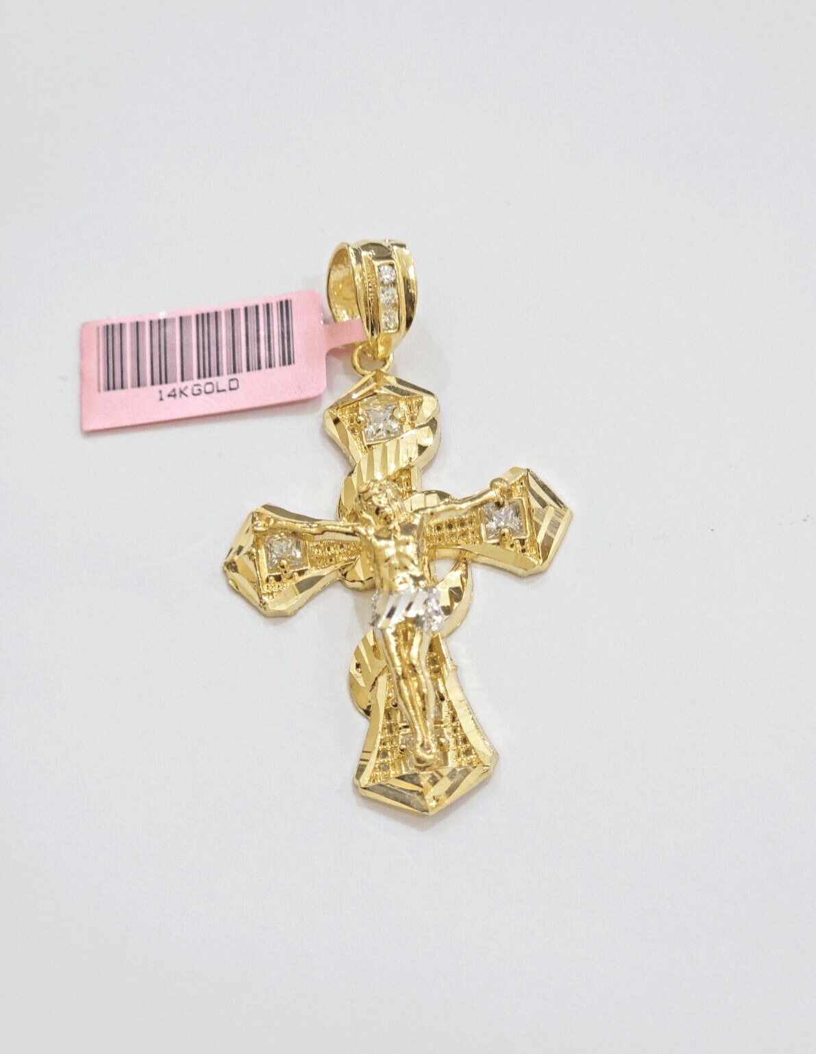 14k Yellow Gold Cross Charm Jesus Pendant 2 Inch CZ Crucifix For Chain 14kt SALE - GoldenlinQ