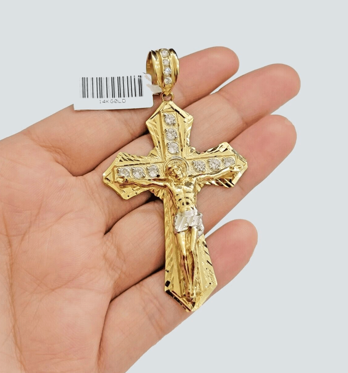 14k Yellow Gold Cross Charm Pendant Jesus Crucifix 3" With Stone Mens REAL 14kt - GoldenLinQ