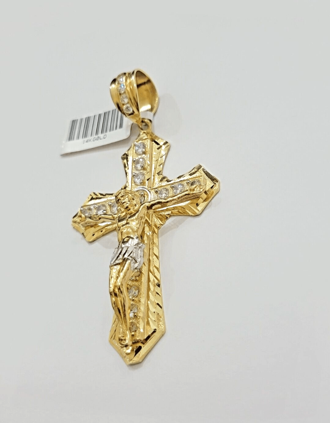 14k Yellow Gold Cross Charm Pendant Jesus Crucifix 3" With Stone Mens REAL 14kt - GoldenLinQ