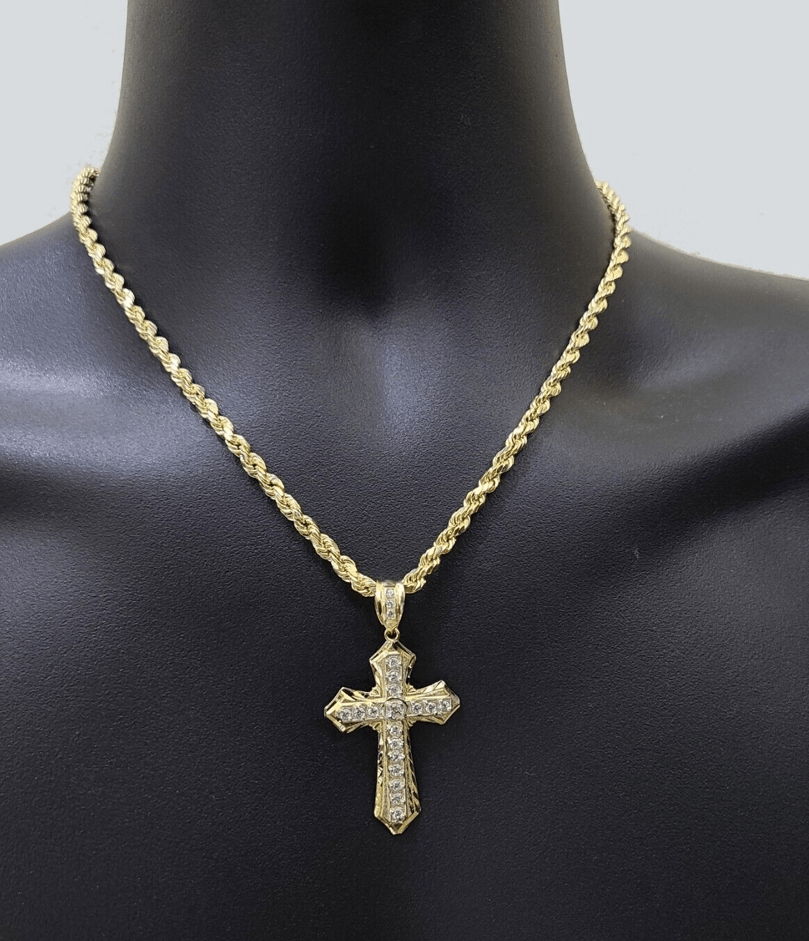 14k Yellow Gold Cross Charm Rope Chain Necklace 4mm 20'' Pendant 14kt Jesus Real - GoldenlinQ