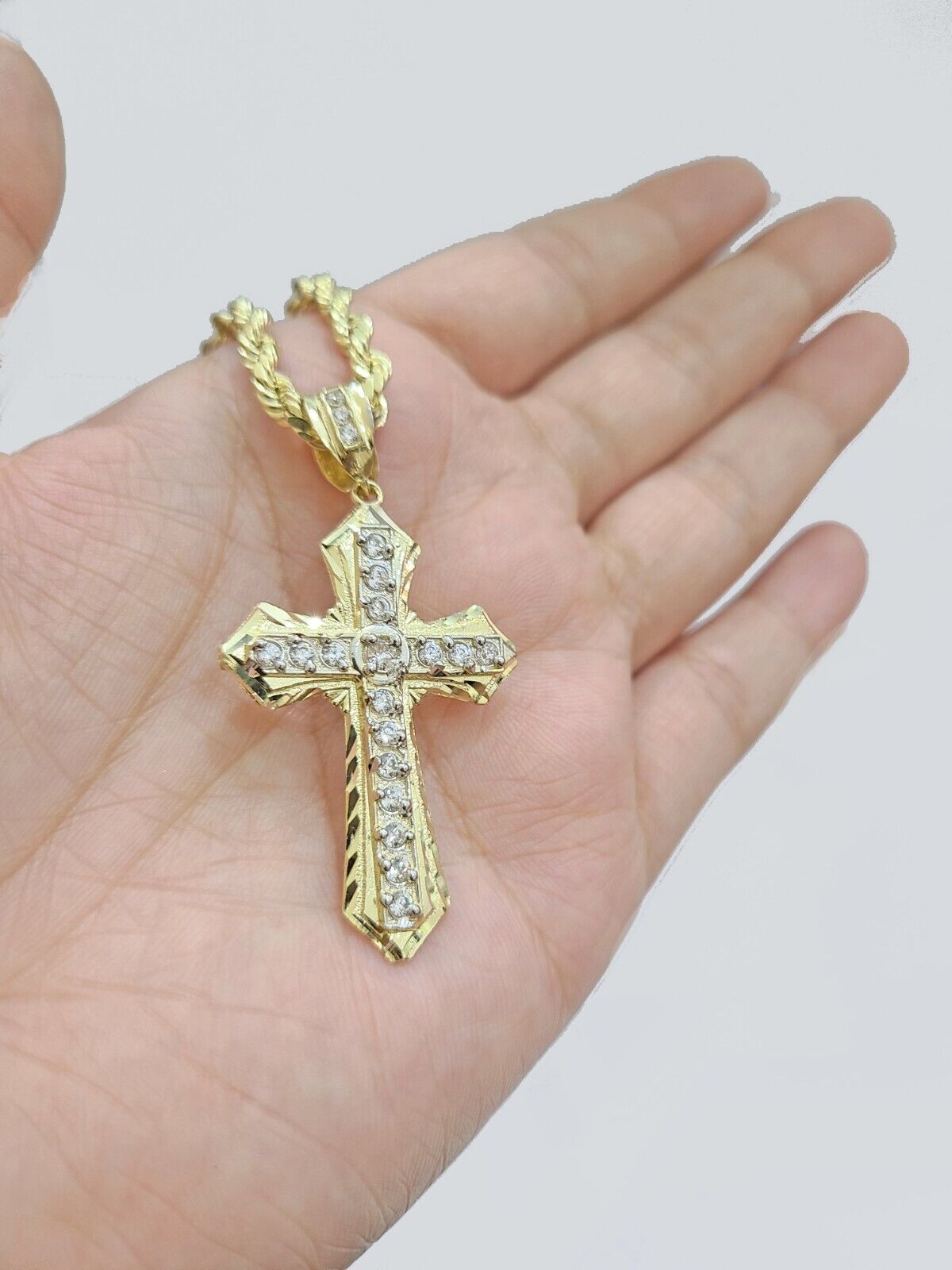 14k Yellow Gold Cross Charm Rope Chain Necklace 4mm 20'' Pendant 14kt Jesus Real - GoldenlinQ
