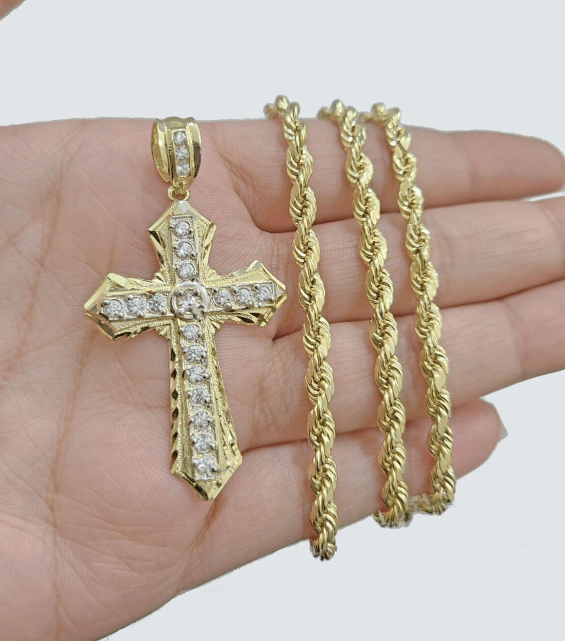 14k Yellow Gold Cross Charm Rope Chain Necklace 4mm 24'' Pendant 14kt Jesus Real - GoldenlinQ