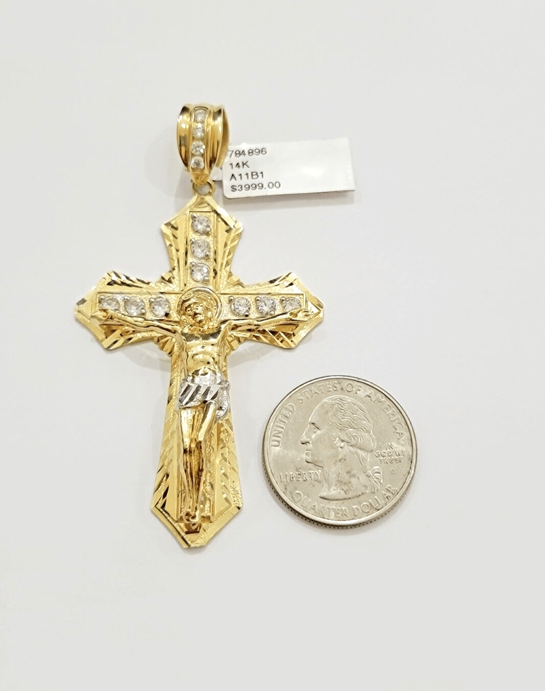 14k Yellow Gold Cross Jesus Crucifix Pendant 3 Inch 14kt CZ Charm Mens REAL 14kt - GoldenLinQ