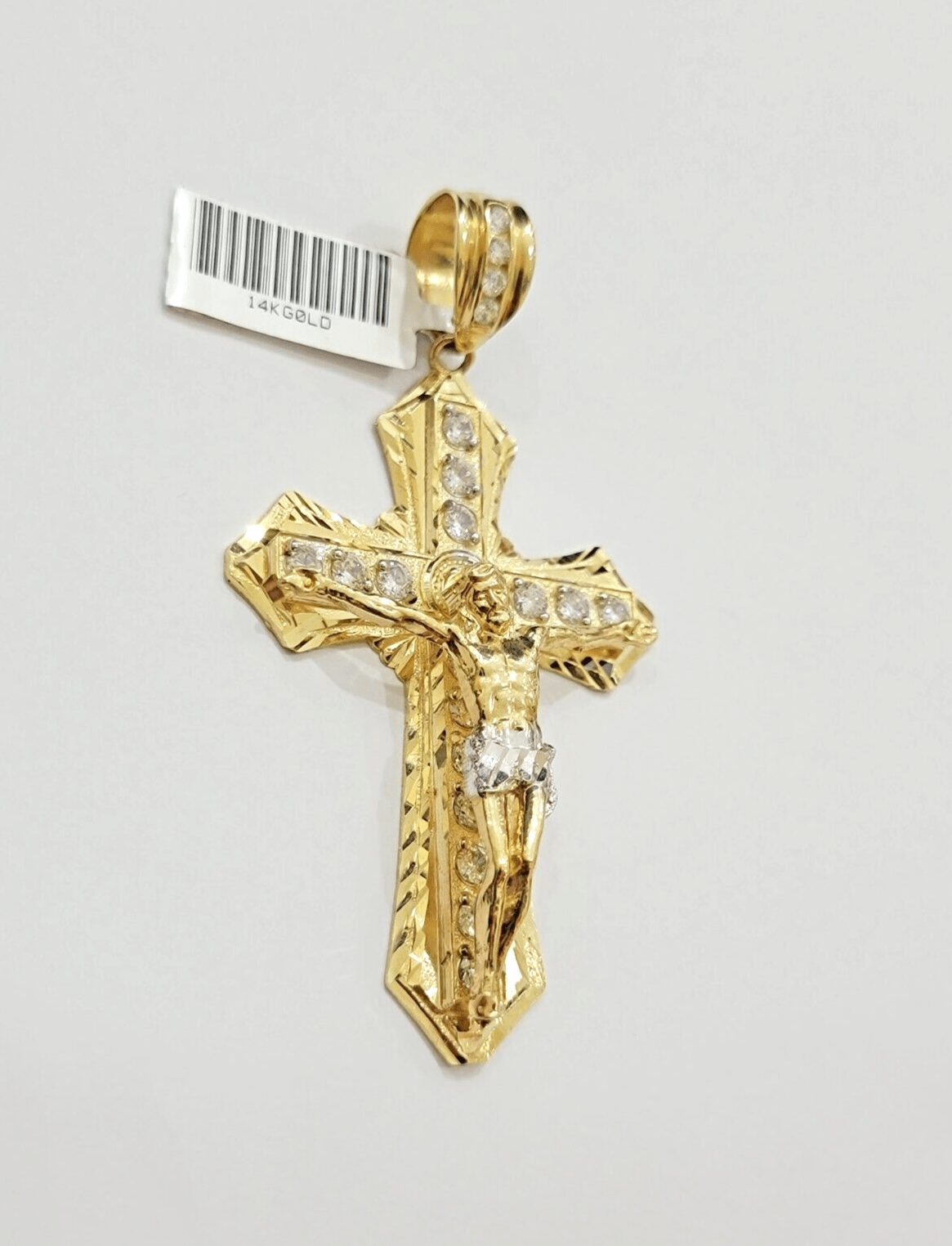 14k Yellow Gold Cross Jesus Crucifix Pendant 3 Inch 14kt CZ Charm Mens REAL 14kt - GoldenLinQ
