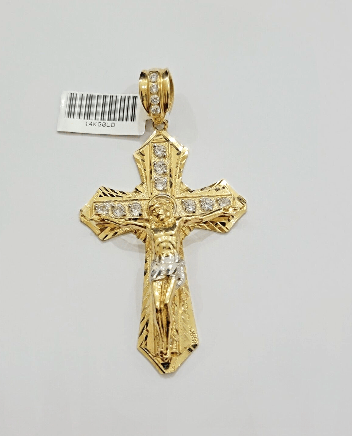 14k Yellow Gold Cross Jesus Crucifix Pendant 3 Inch 14kt CZ Charm Mens REAL 14kt - GoldenLinQ