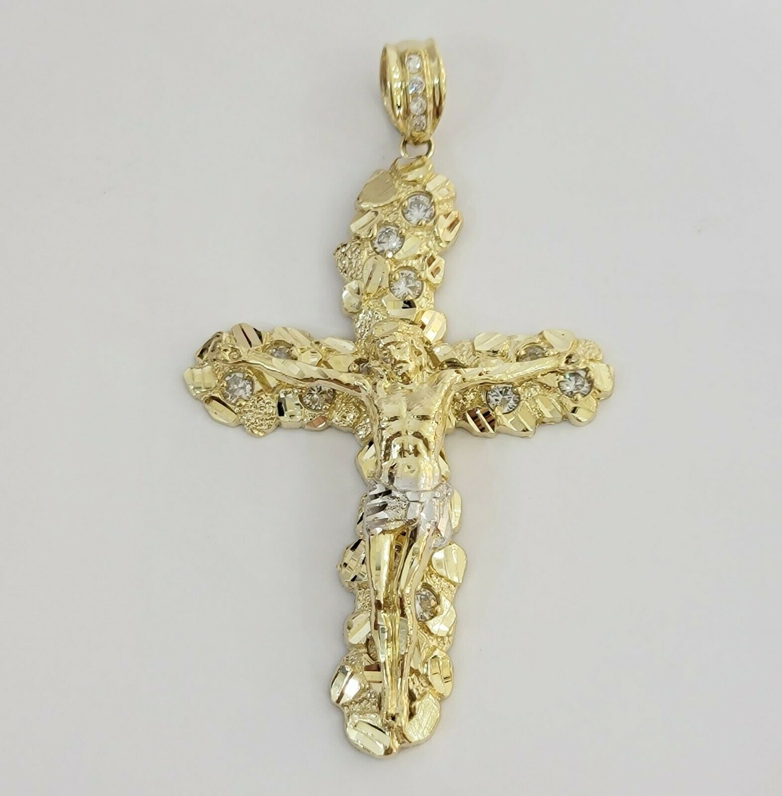 14k Yellow Gold Cross Nugget Jesus Crucifix Pendant 3.5 Inch 14kt Gold Mens REAL - GoldenLinQ