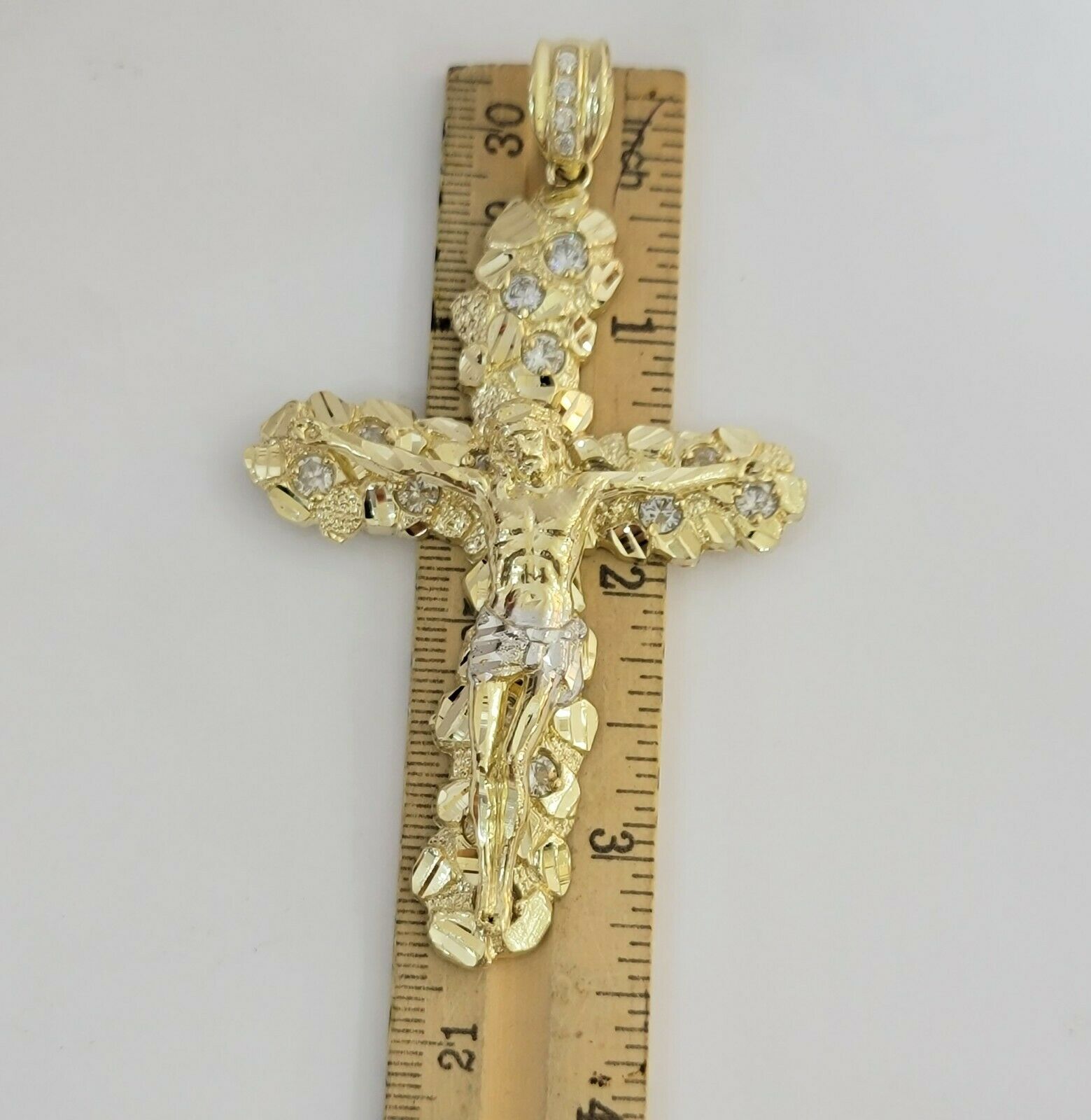 14k Yellow Gold Cross Nugget Jesus Crucifix Pendant 3.5 Inch 14kt Gold Mens REAL - GoldenLinQ