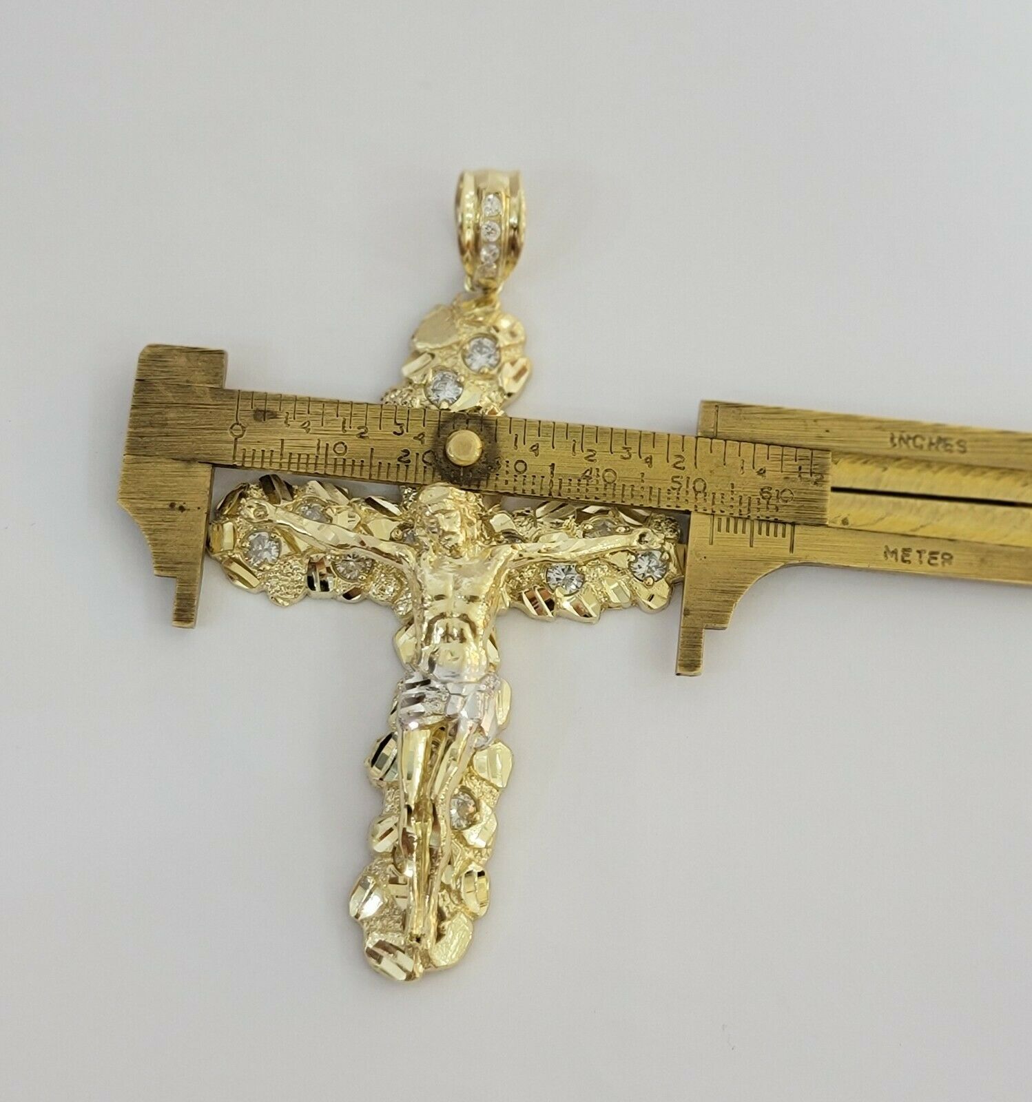 14k Yellow Gold Cross Nugget Jesus Crucifix Pendant 3.5 Inch 14kt Gold Mens REAL - GoldenLinQ