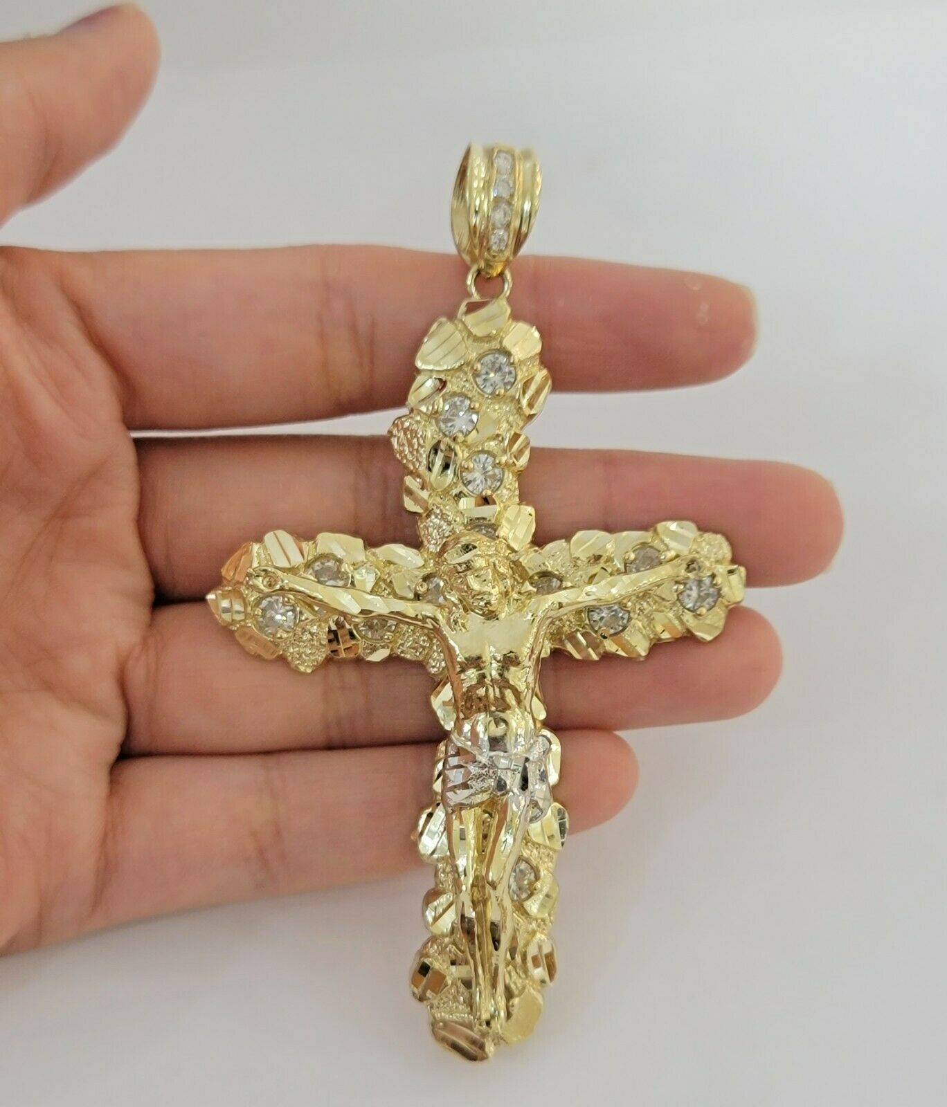 14k Yellow Gold Cross Nugget Jesus Crucifix Pendant 3.5 Inch 14kt Gold Mens REAL - GoldenLinQ