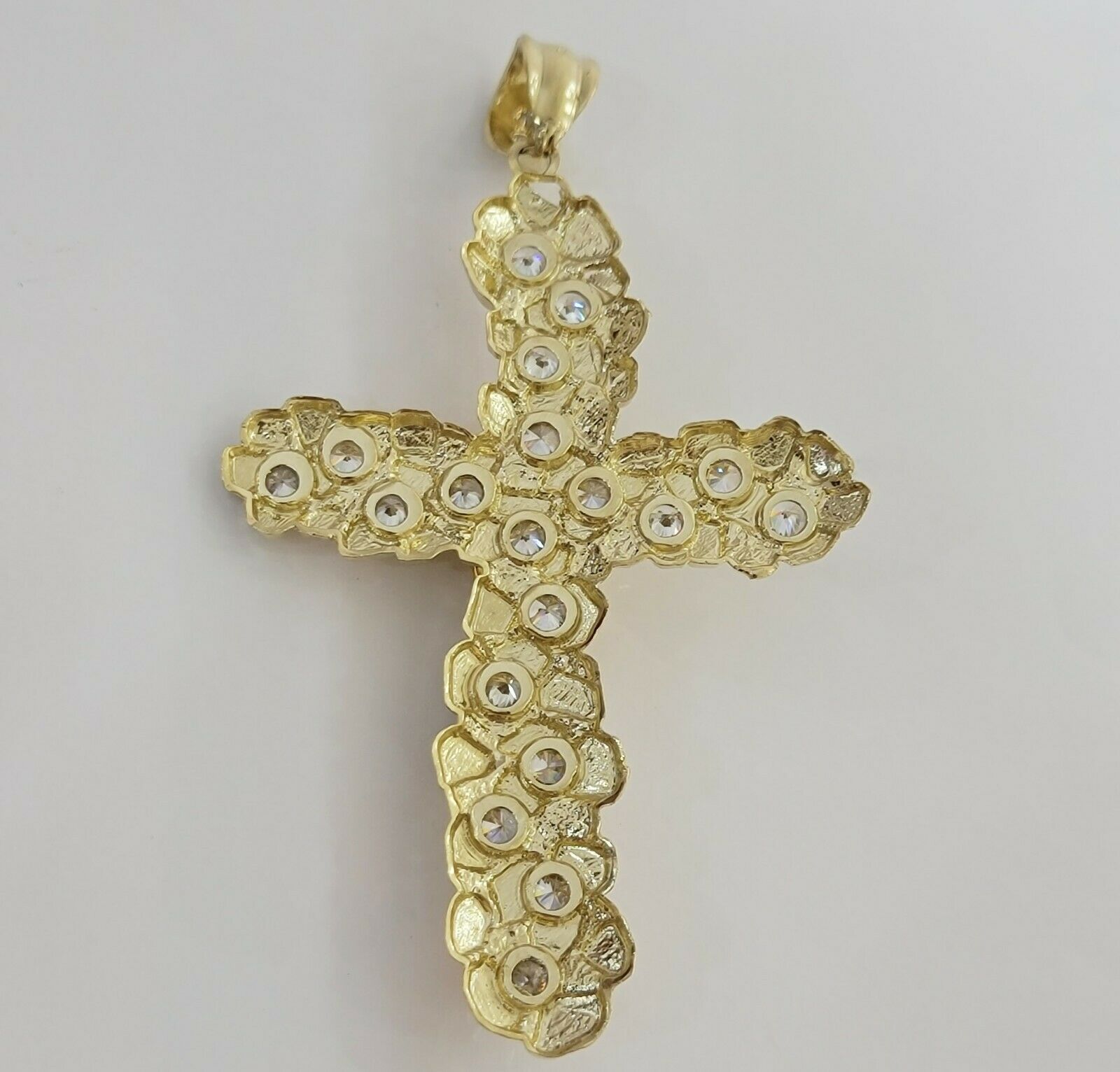14k Yellow Gold Cross Nugget Jesus Crucifix Pendant 3.5 Inch 14kt Gold Mens REAL - GoldenLinQ