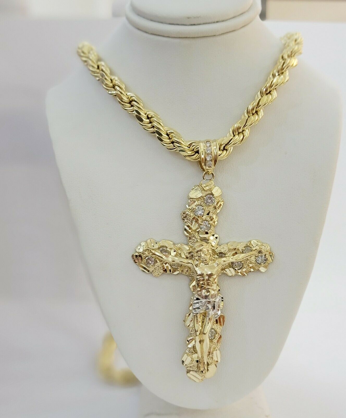 14k Yellow Gold Cross Nugget Jesus Crucifix Pendant 3.5 Inch 14kt Gold Mens REAL - GoldenLinQ