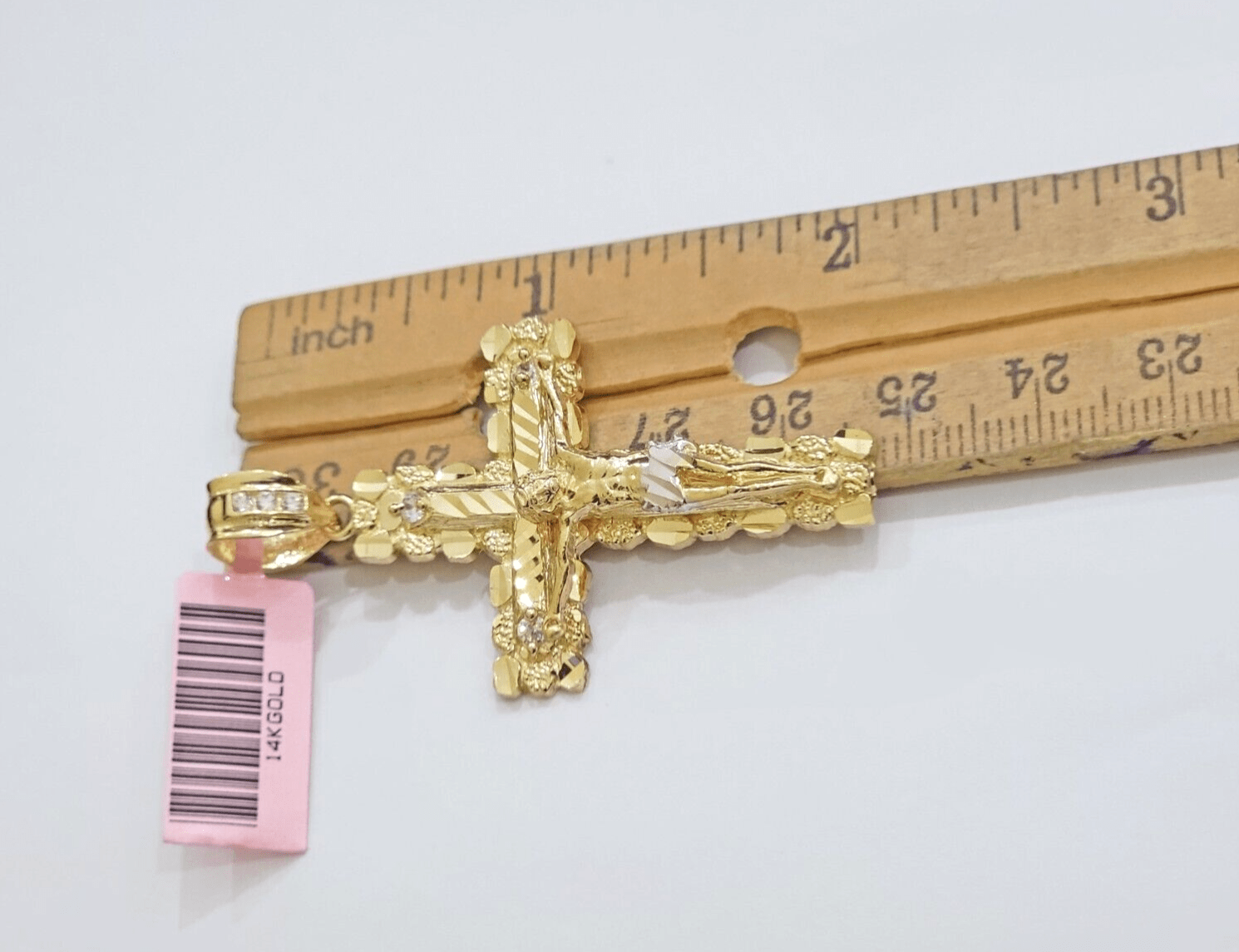 14k Yellow Gold Cross Nugget Pendant Jesus Crucifix 2 Inch 14kt Charm Men's REAL - GoldenLinQ