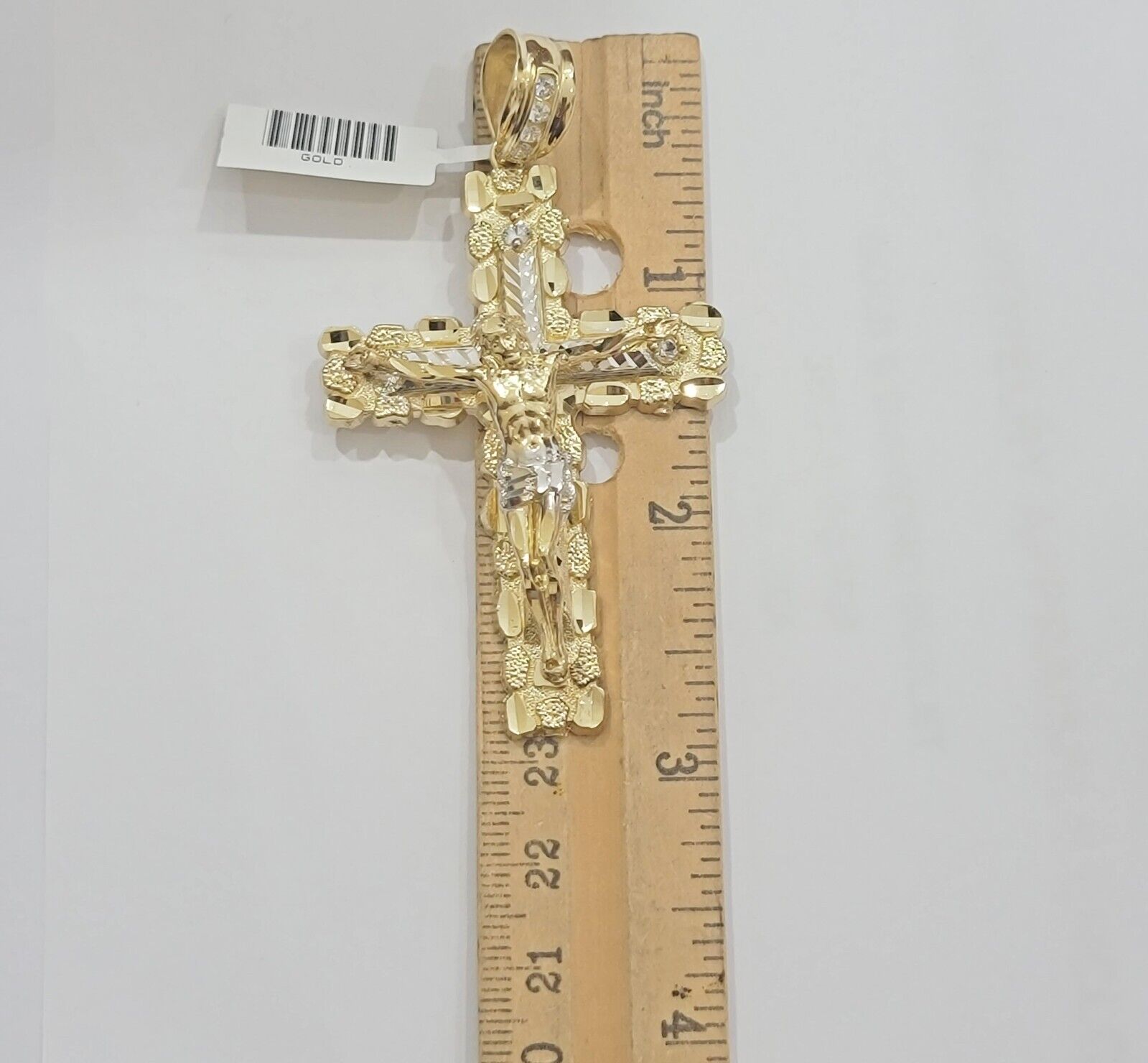 14k Yellow Gold Cross Nugget Pendant Jesus Crucifix 3 Inch 14kt Gold Men's REAL - GoldenLinQ