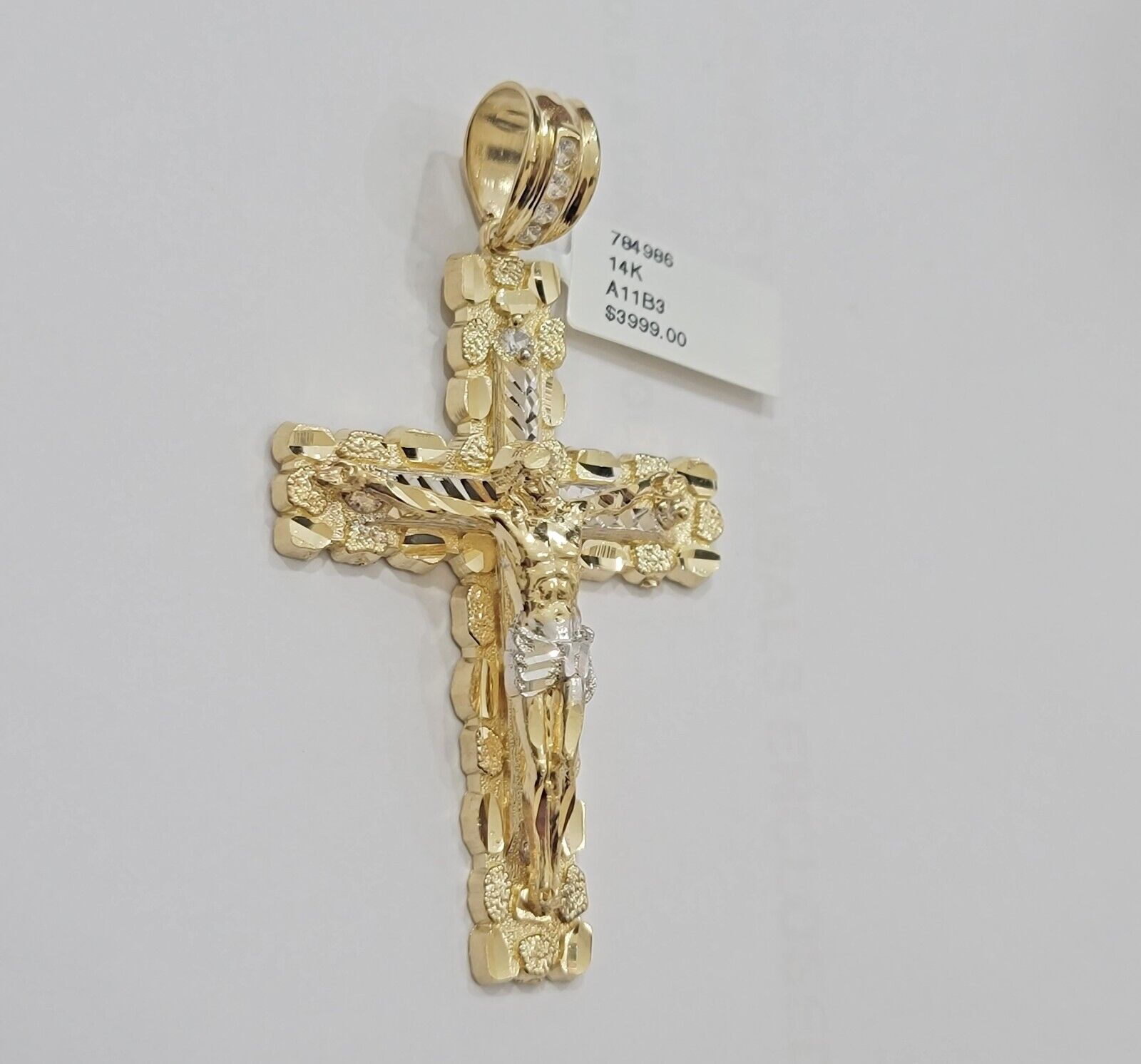 14k Yellow Gold Cross Nugget Pendant Jesus Crucifix 3 Inch 14kt Gold Men's REAL - GoldenLinQ