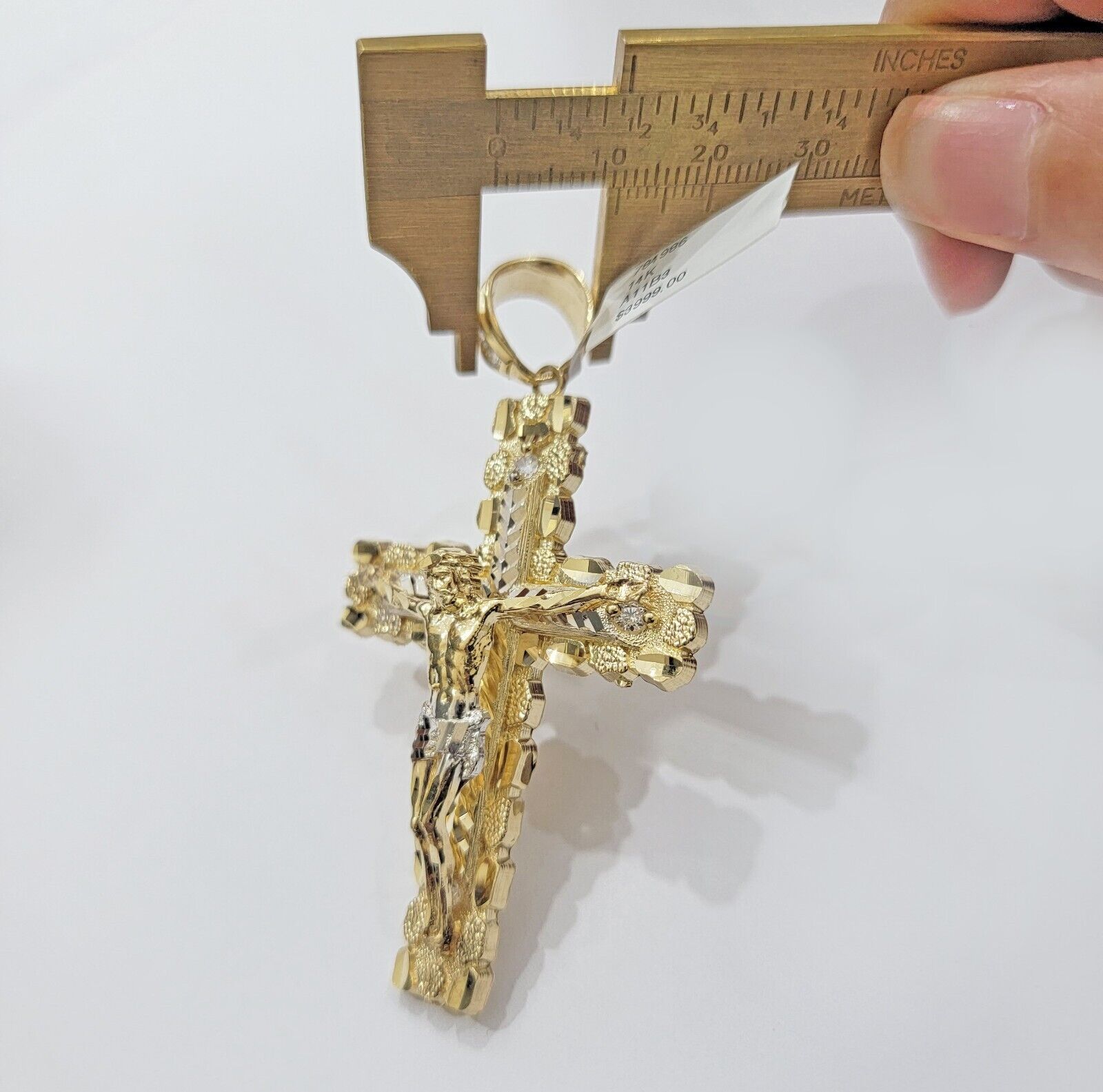 14k Yellow Gold Cross Nugget Pendant Jesus Crucifix 3 Inch 14kt Gold Men's REAL - GoldenLinQ