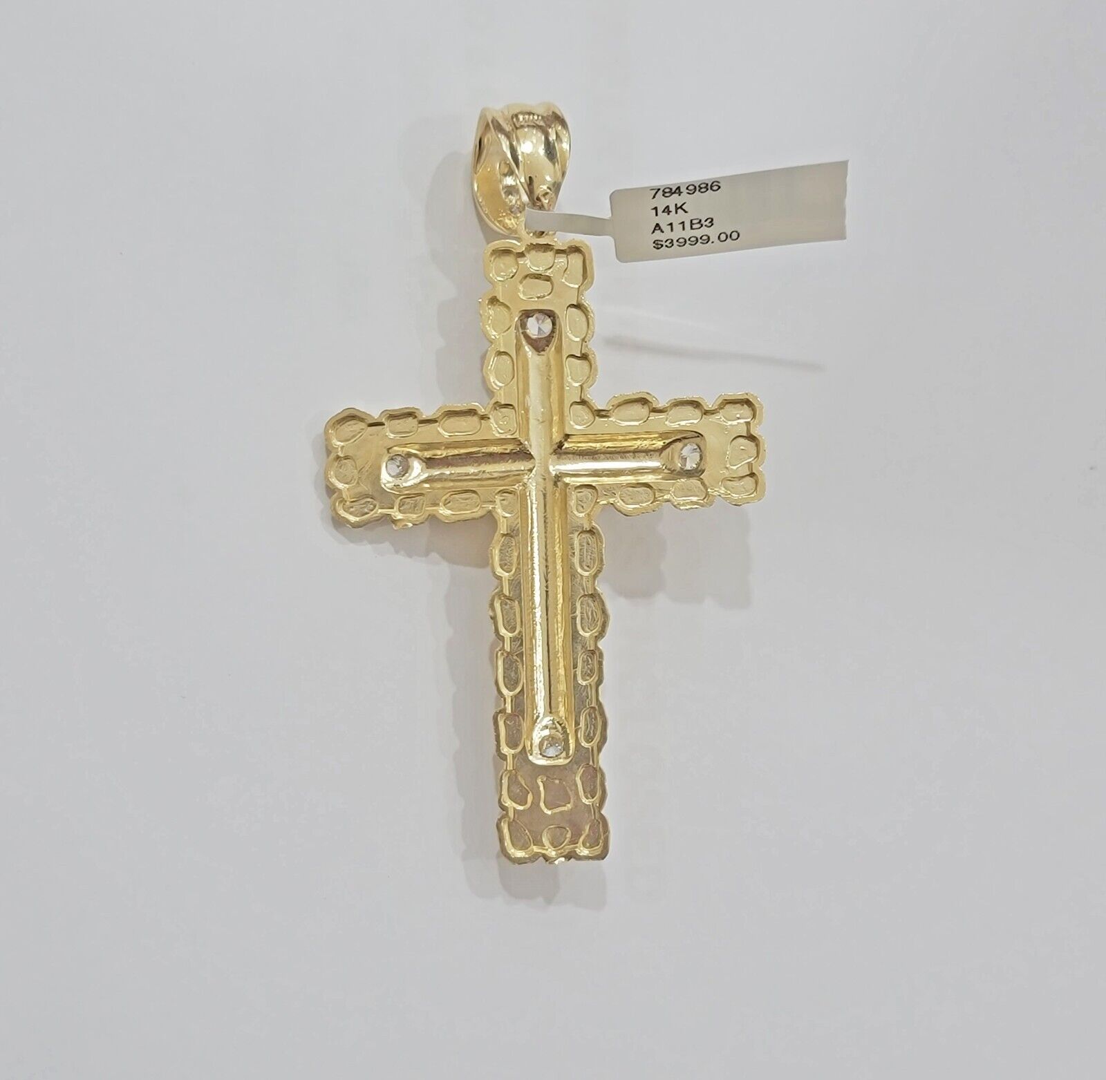 14k Yellow Gold Cross Nugget Pendant Jesus Crucifix 3 Inch 14kt Gold Men's REAL - GoldenLinQ