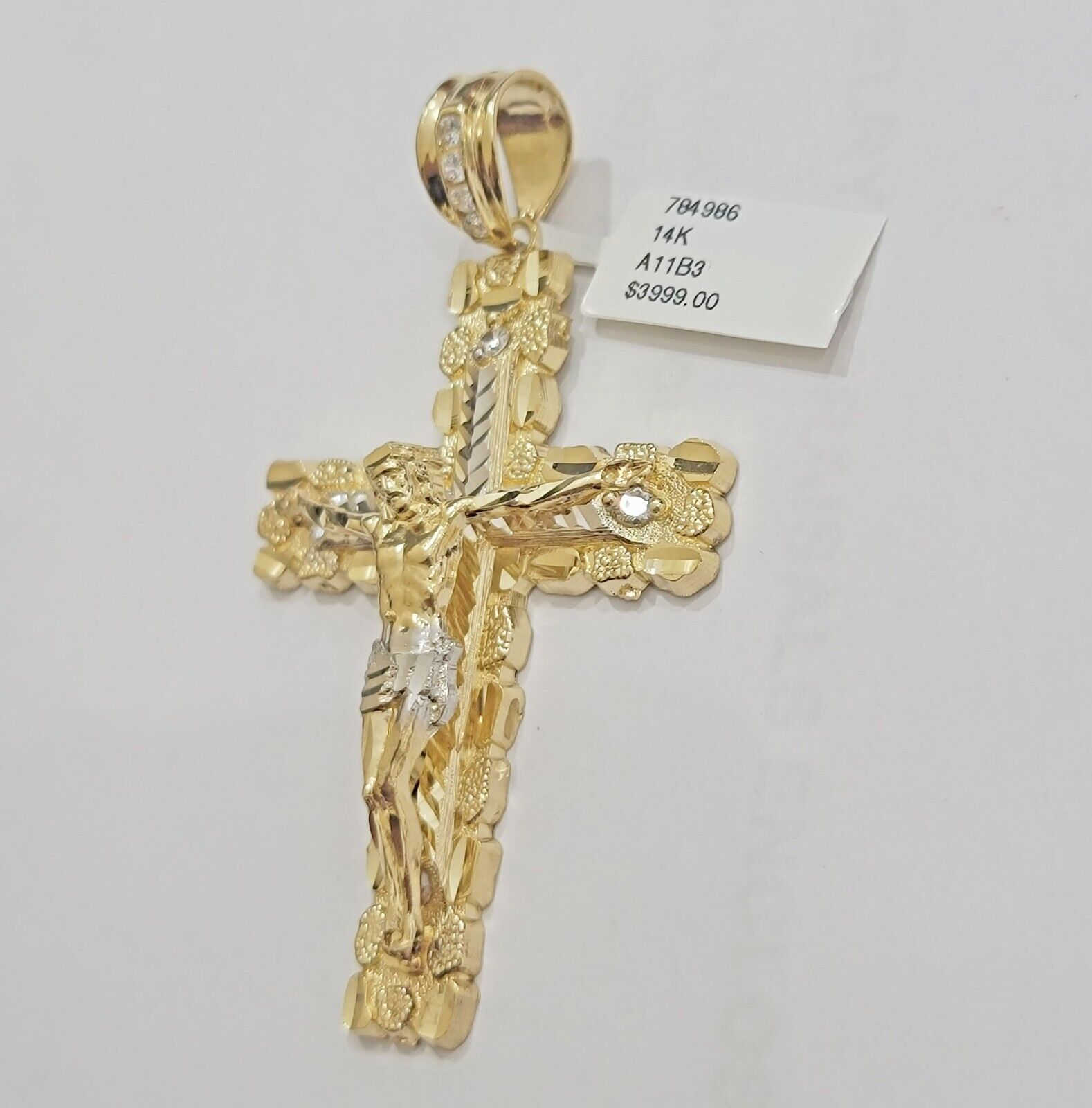 14k Yellow Gold Cross Nugget Pendant Jesus Crucifix 3 Inch 14kt Gold Men's REAL - GoldenLinQ