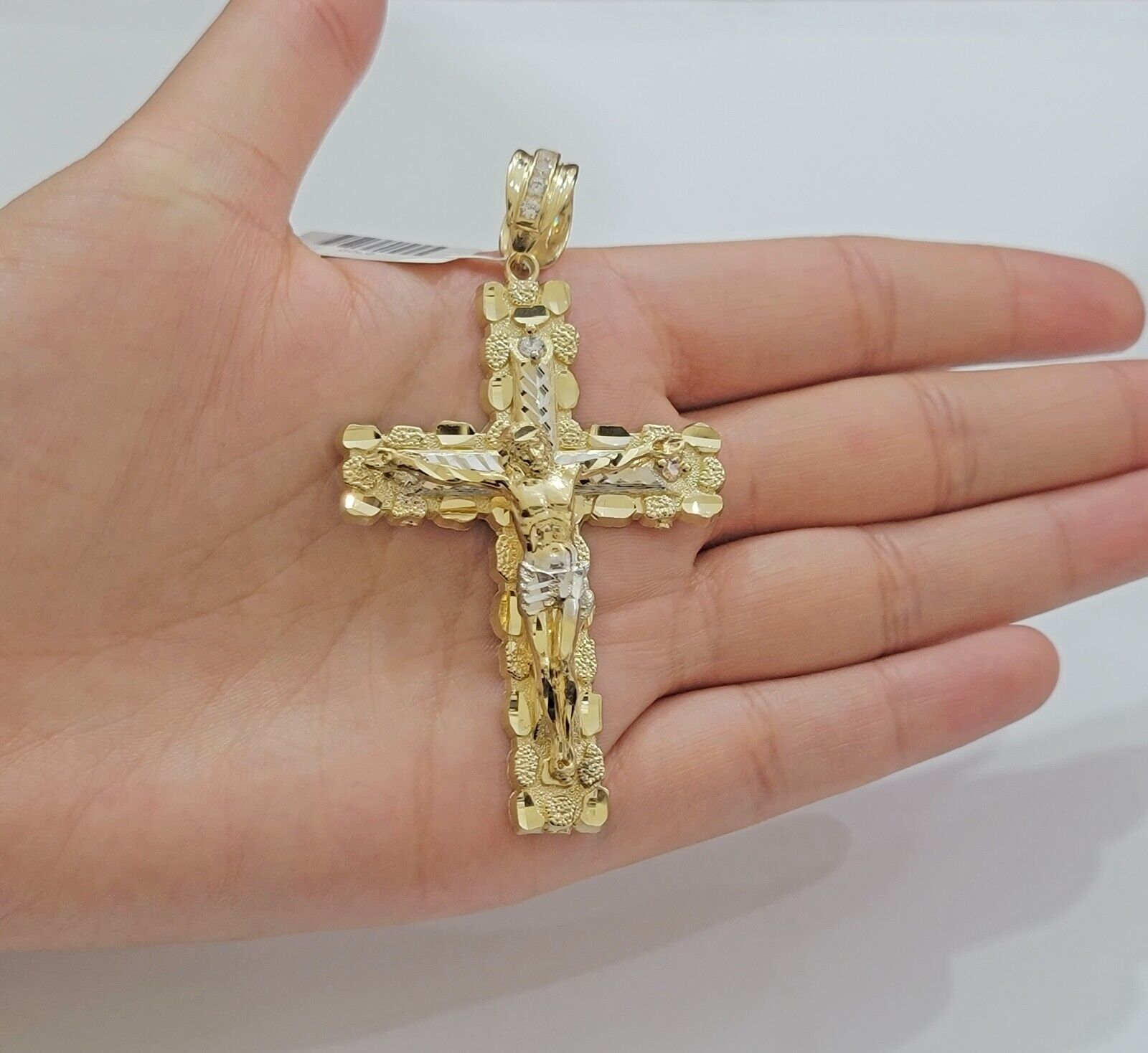 14k Yellow Gold Cross Nugget Pendant Jesus Crucifix 3 Inch 14kt Gold Men's REAL - GoldenLinQ