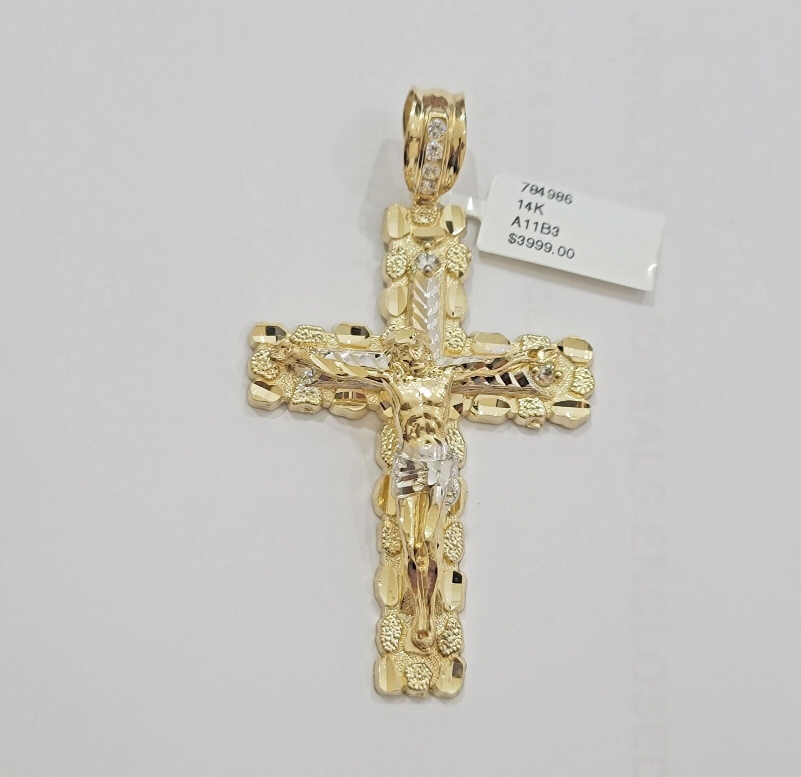 14k Yellow Gold Cross Nugget Pendant Jesus Crucifix 3 Inch 14kt Gold Men's REAL - GoldenLinQ
