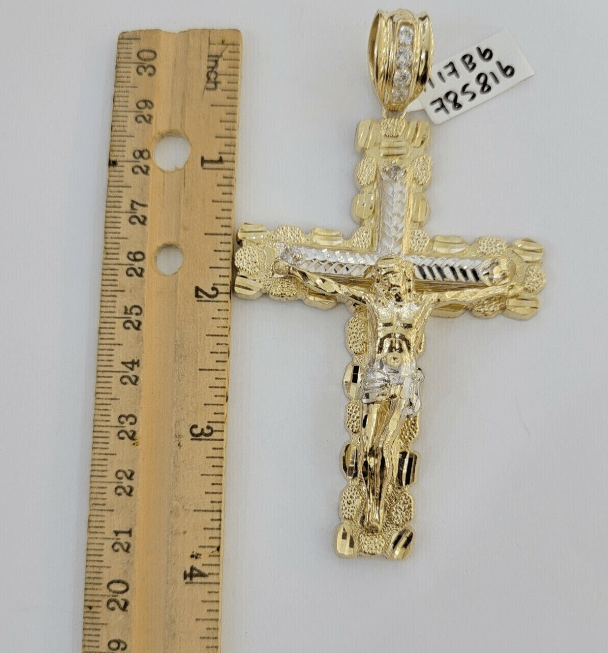 14k Yellow Gold Cross Nugget Pendant Jesus Crucifix 3.75" 14kt Gold Men's REAL - GoldenLinQ