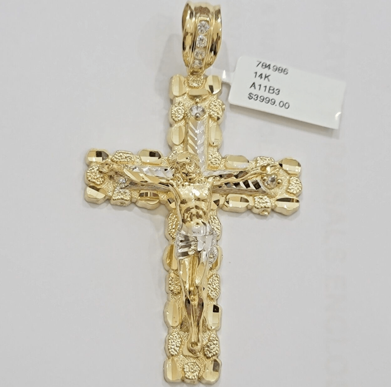 14k Yellow Gold Cross Nugget Pendant Jesus Crucifix 3.75" 14kt Gold Men's REAL - GoldenLinQ