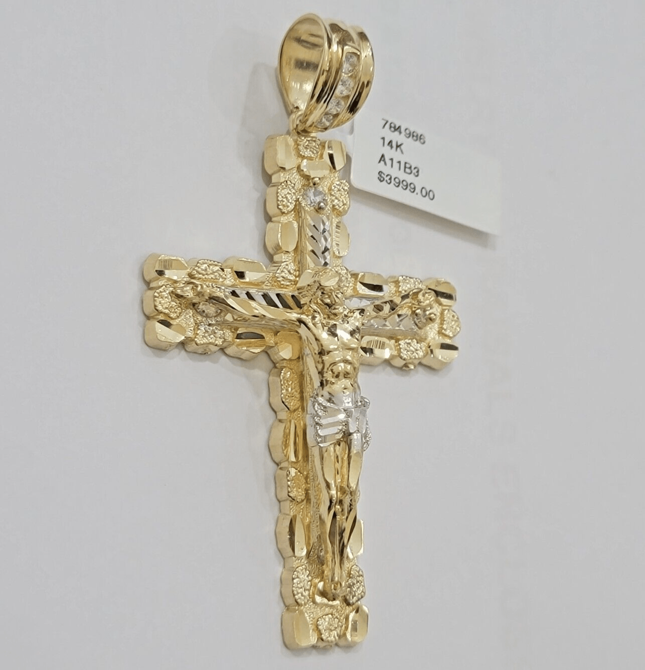 14k Yellow Gold Cross Nugget Pendant Jesus Crucifix 3.75" 14kt Gold Men's REAL - GoldenLinQ