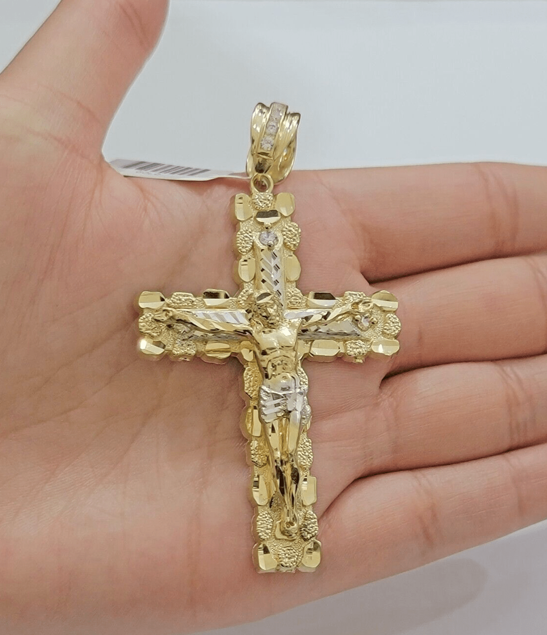 14k Yellow Gold Cross Nugget Pendant Jesus Crucifix 3.75" 14kt Gold Men's REAL - GoldenLinQ