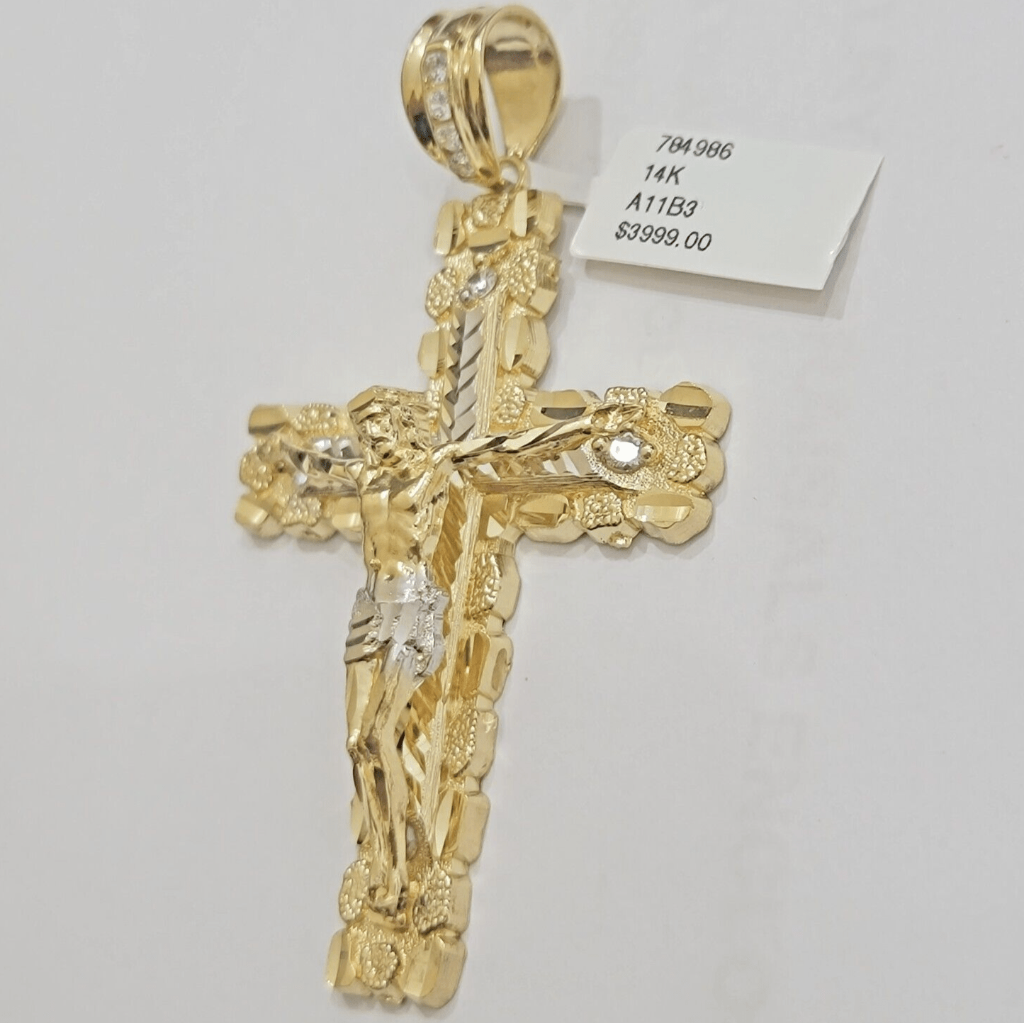 14k Yellow Gold Cross Nugget Pendant Jesus Crucifix 3.75" 14kt Gold Men's REAL - GoldenLinQ